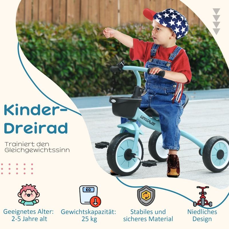 Tricycle for Children with Adjustable Seat and Basket, Blue Metal