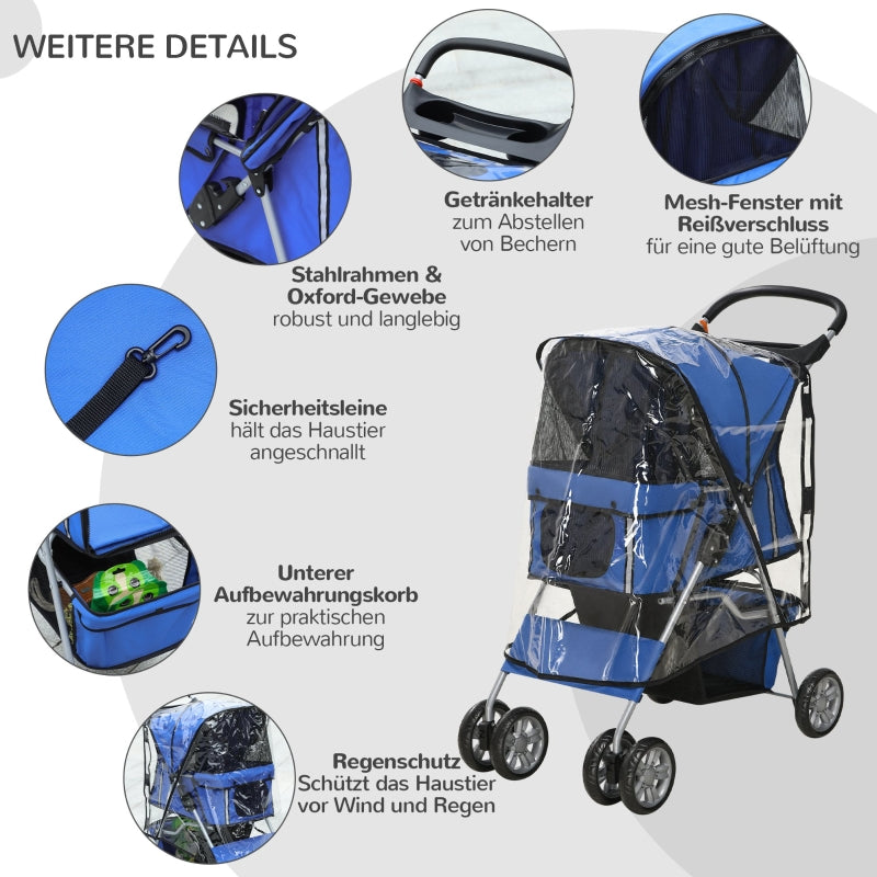 Dog Buggy, Foldable Rain Cover, Bottom Basket, 2 Cup Holders, Blue