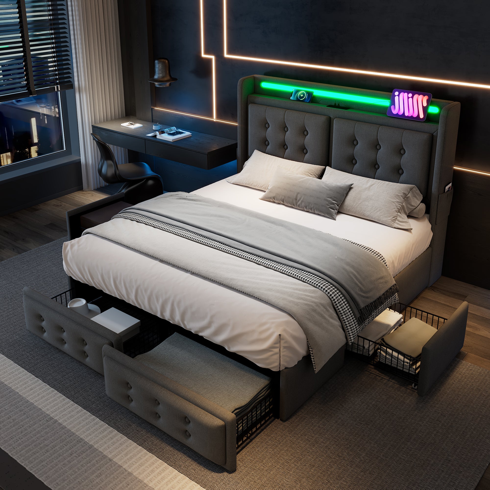 Upholstered Bed 160x200 Double Storage LED/USB-C 4-Drawer, Grey Cotton
