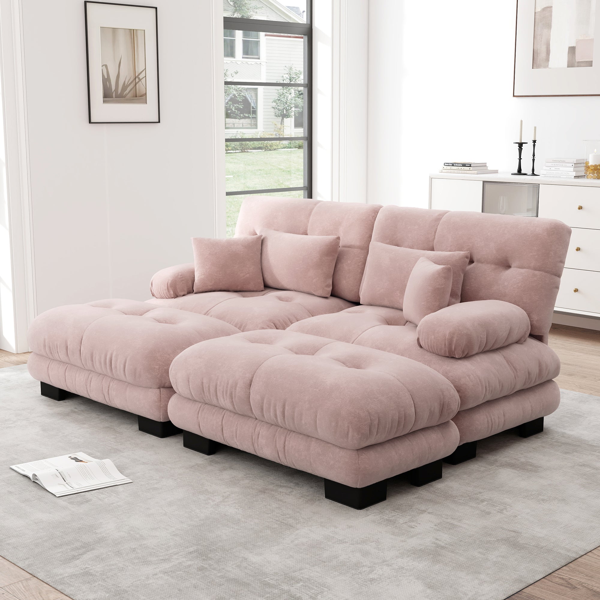 Cloud Corner Sofa, Double with Lumbar & Decorative Pillows, Ottomans, Chenille Pink