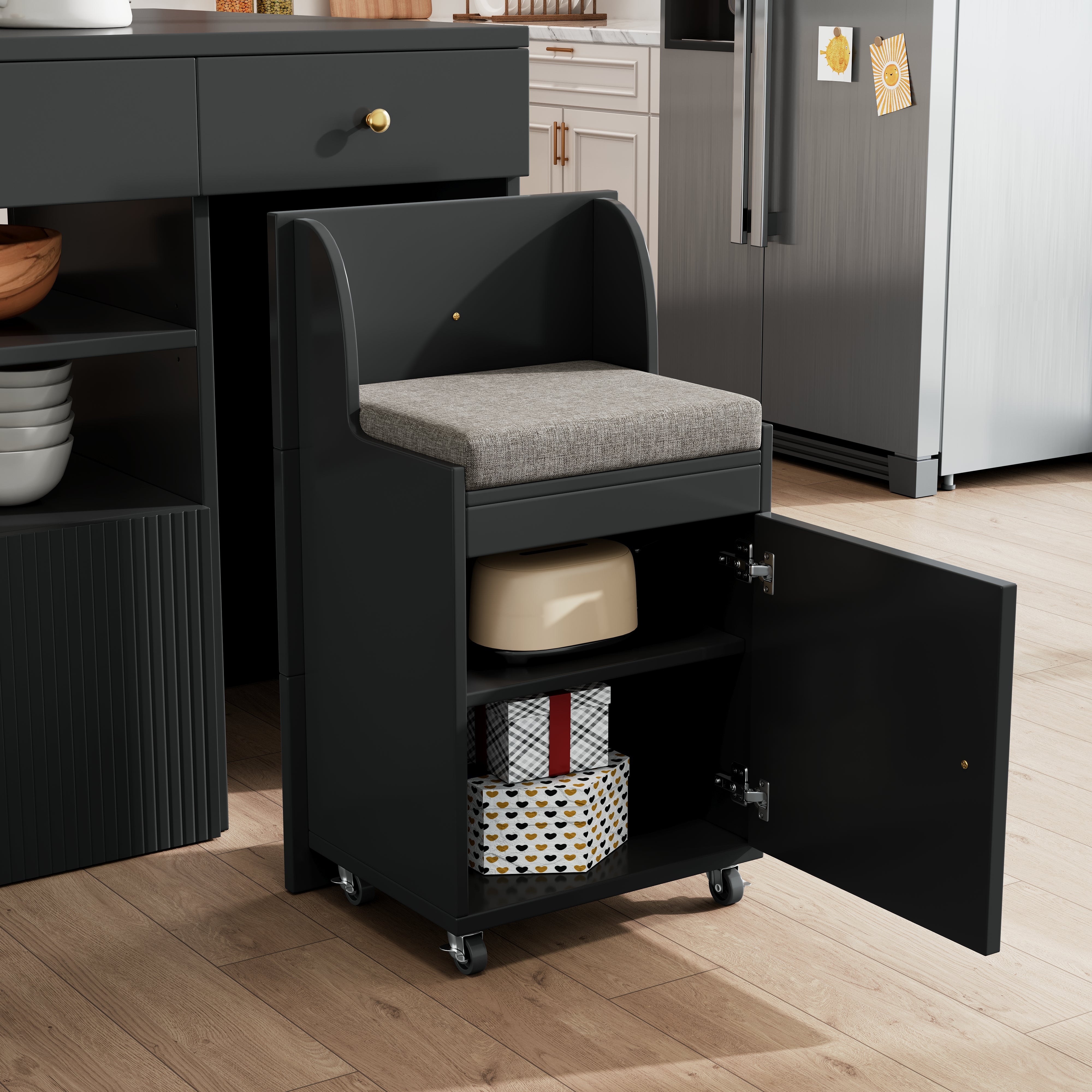 Kitchen Island Cabinet Adjustable 140cm with 6 Drawers Bar Stools White/Black