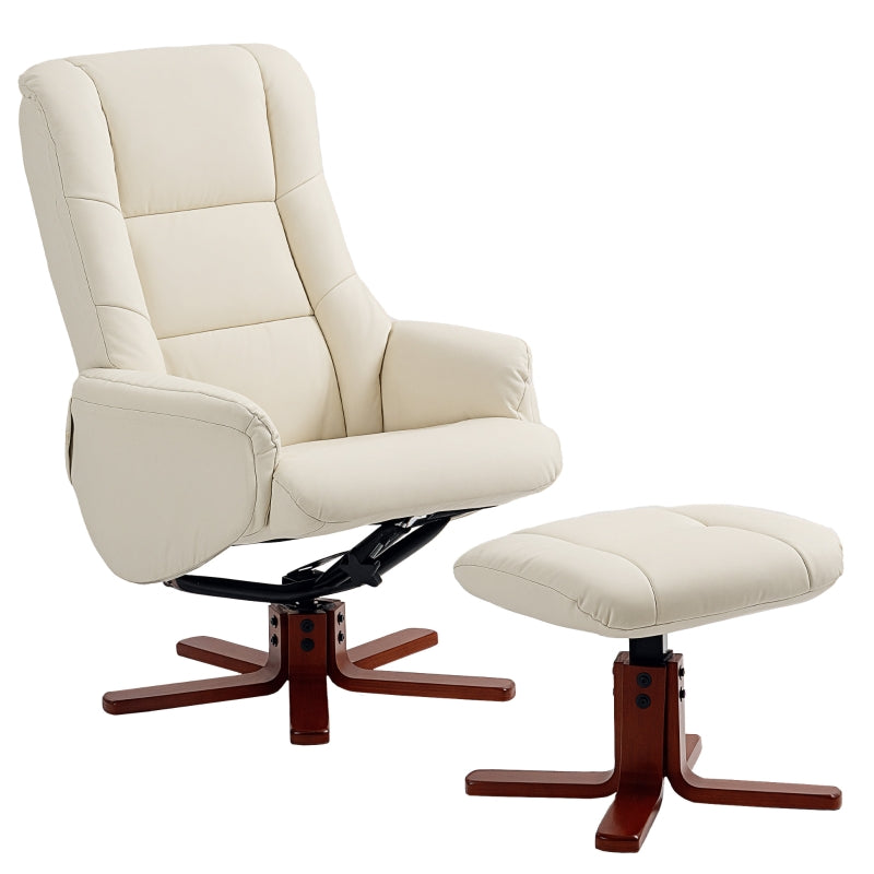 Rocking Recliner Chair with Footstool Upholstered Wood Base PU Leather Cream