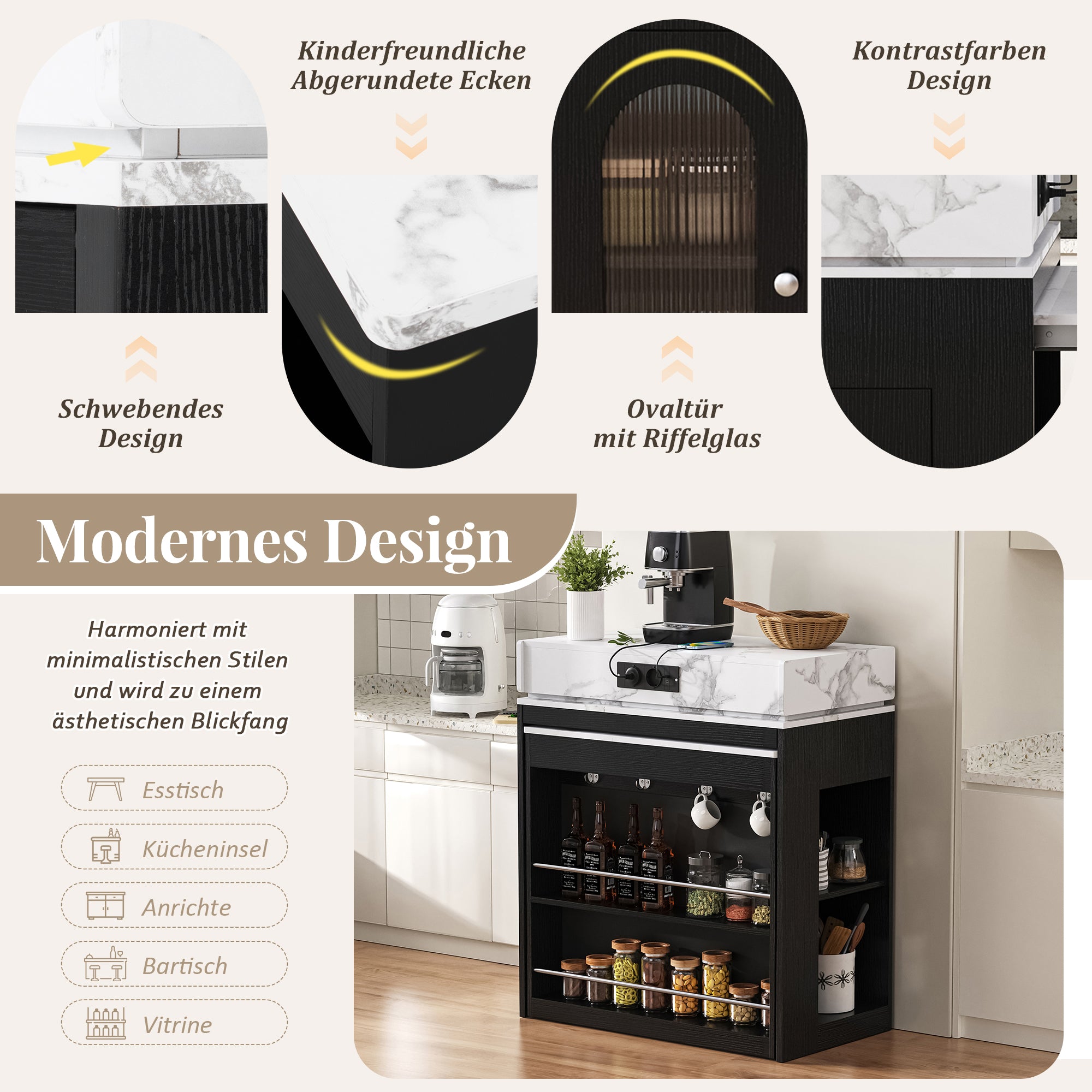 Kitchen Island Mobile Extendable Folding Table Power Strips - Black