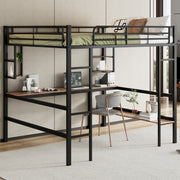 Loft Bed 140x200cm Metal Frame with Desk Shelves & Bookcase - Black