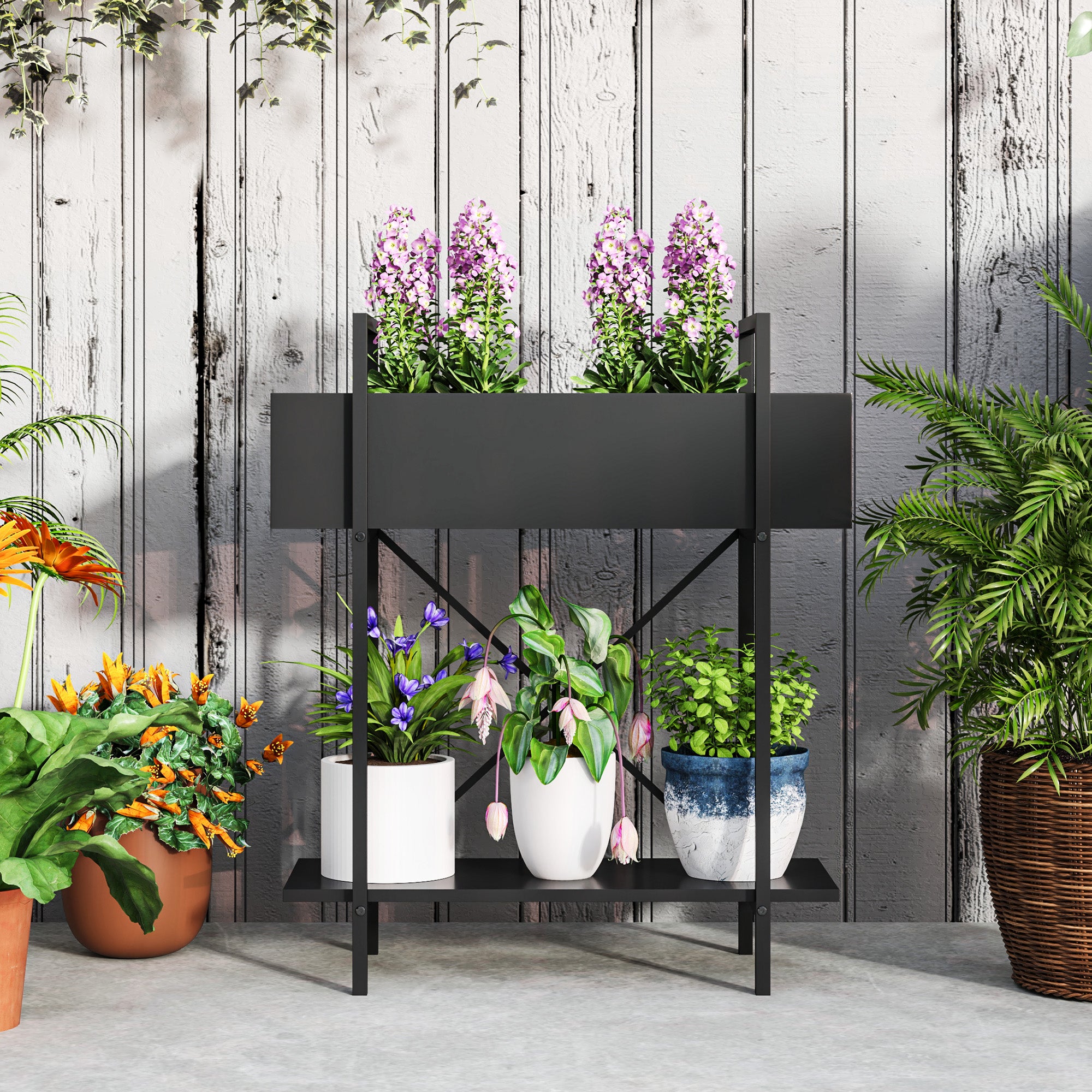 2-Tier Plant Stand, 70cm High, Metal, Black