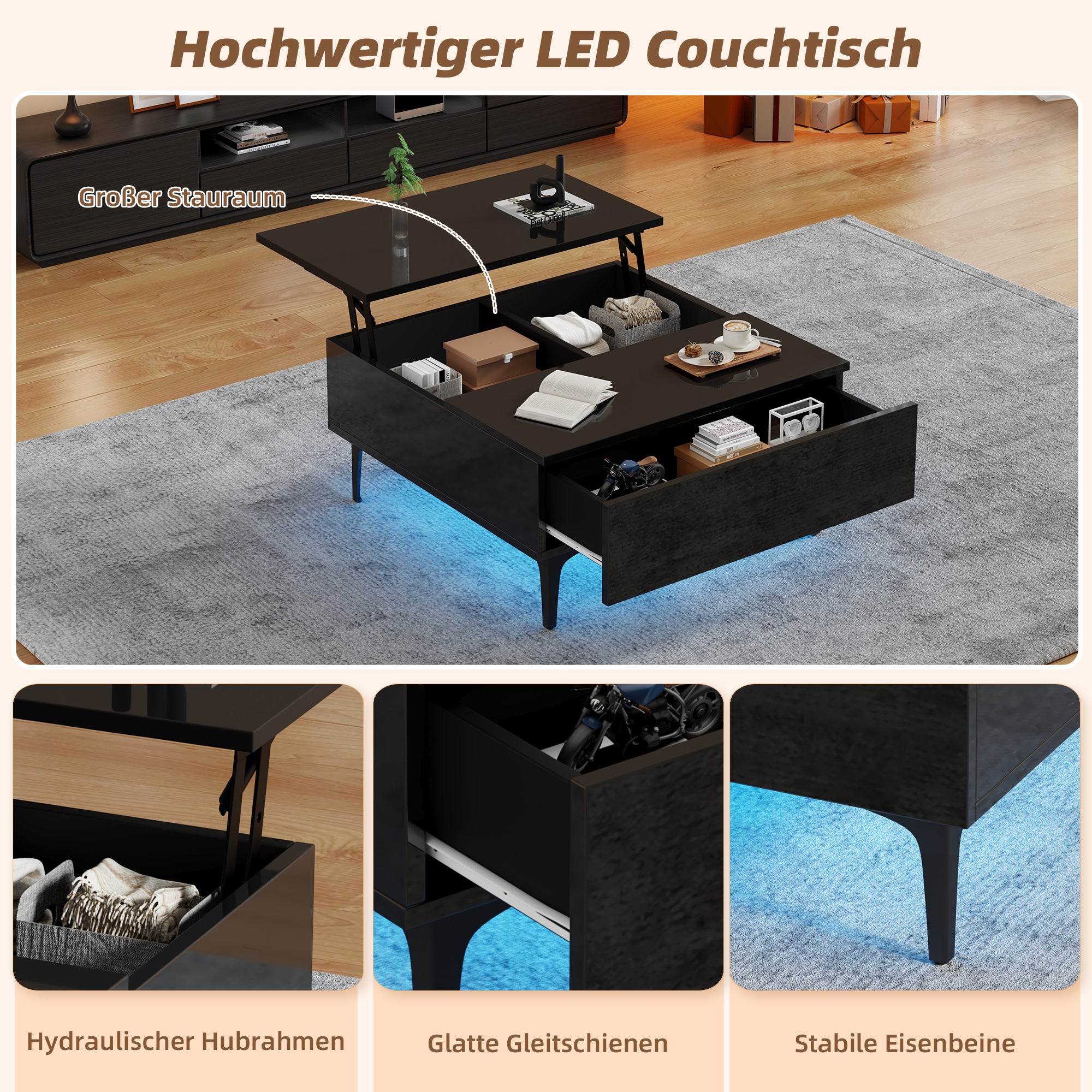 Coffee Table, 70x70x35cm Height-Adjustable with Hidden Storage & Shelves, Black High-Gloss
