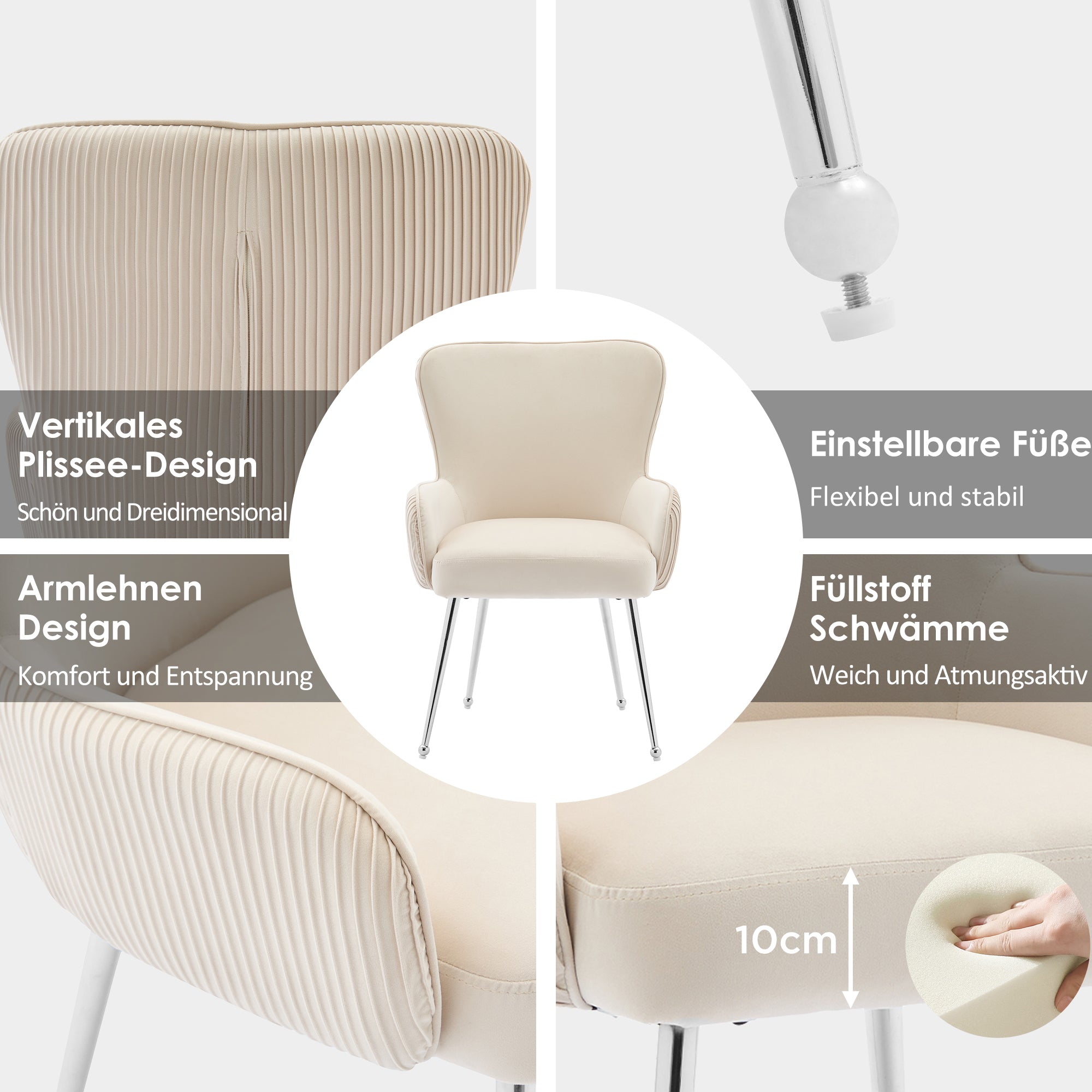 Velvet Dining Chair Set of 4 with Armrests and Silver Metal Legs, Beige Velvet