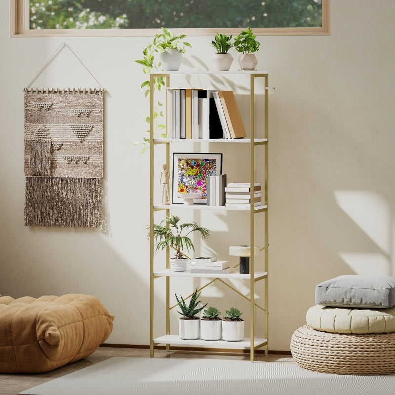5-Tier Bookshelf Modern Bookcase with Metal Frame, White and Gold Tone