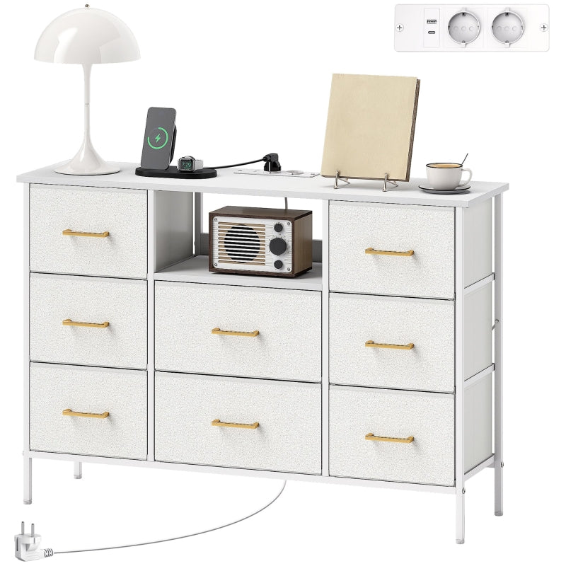Chest of Drawers 8 Fabric Drawers Power Strip Steel Frame - Cream White