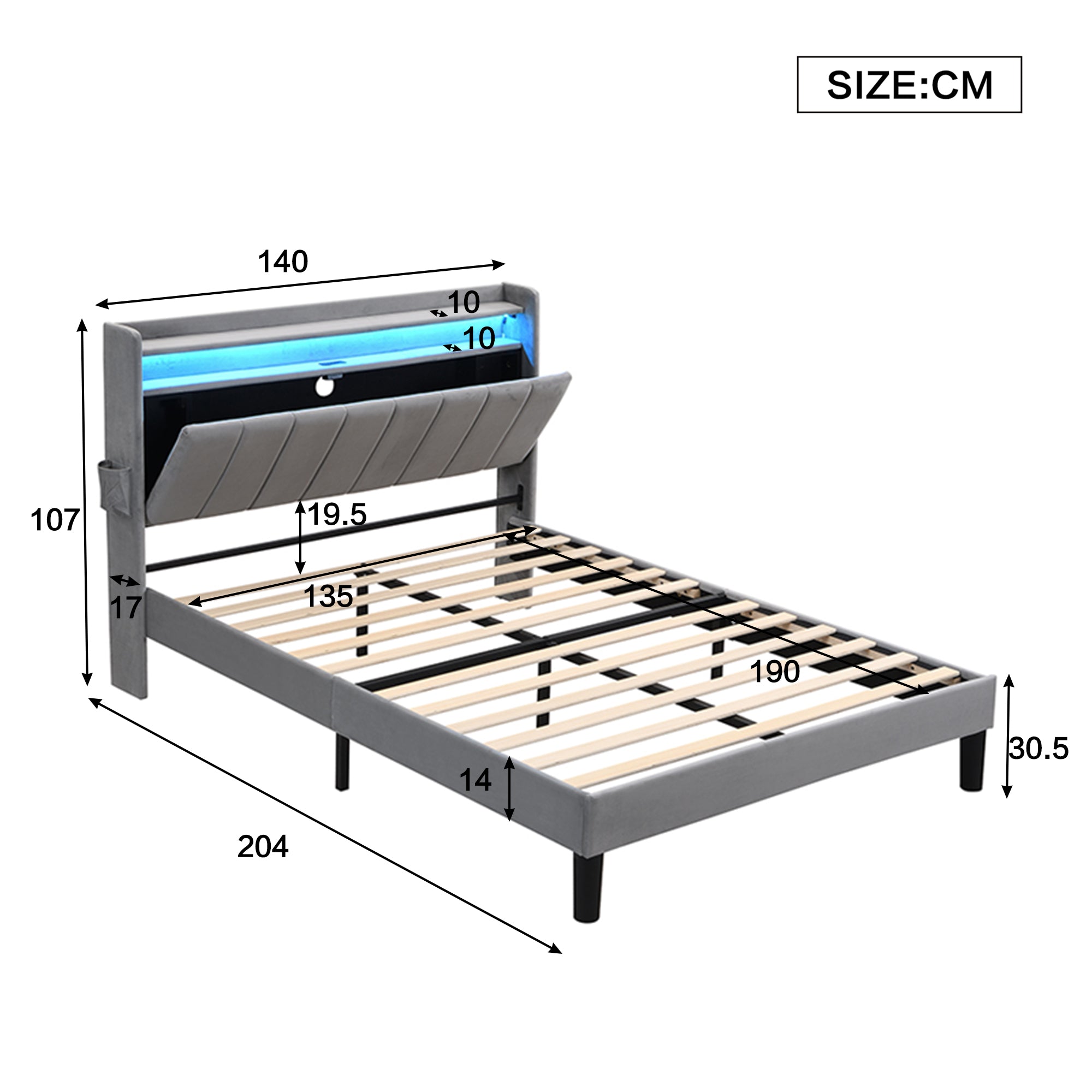 Upholstered Bed, 4ft6 Double 135x190cm, Lower Flap Door Storage, LED Light Strip, 3 USB + 1 Type C, Durable, Sturdy, Youth Bed, Velvet, Grey