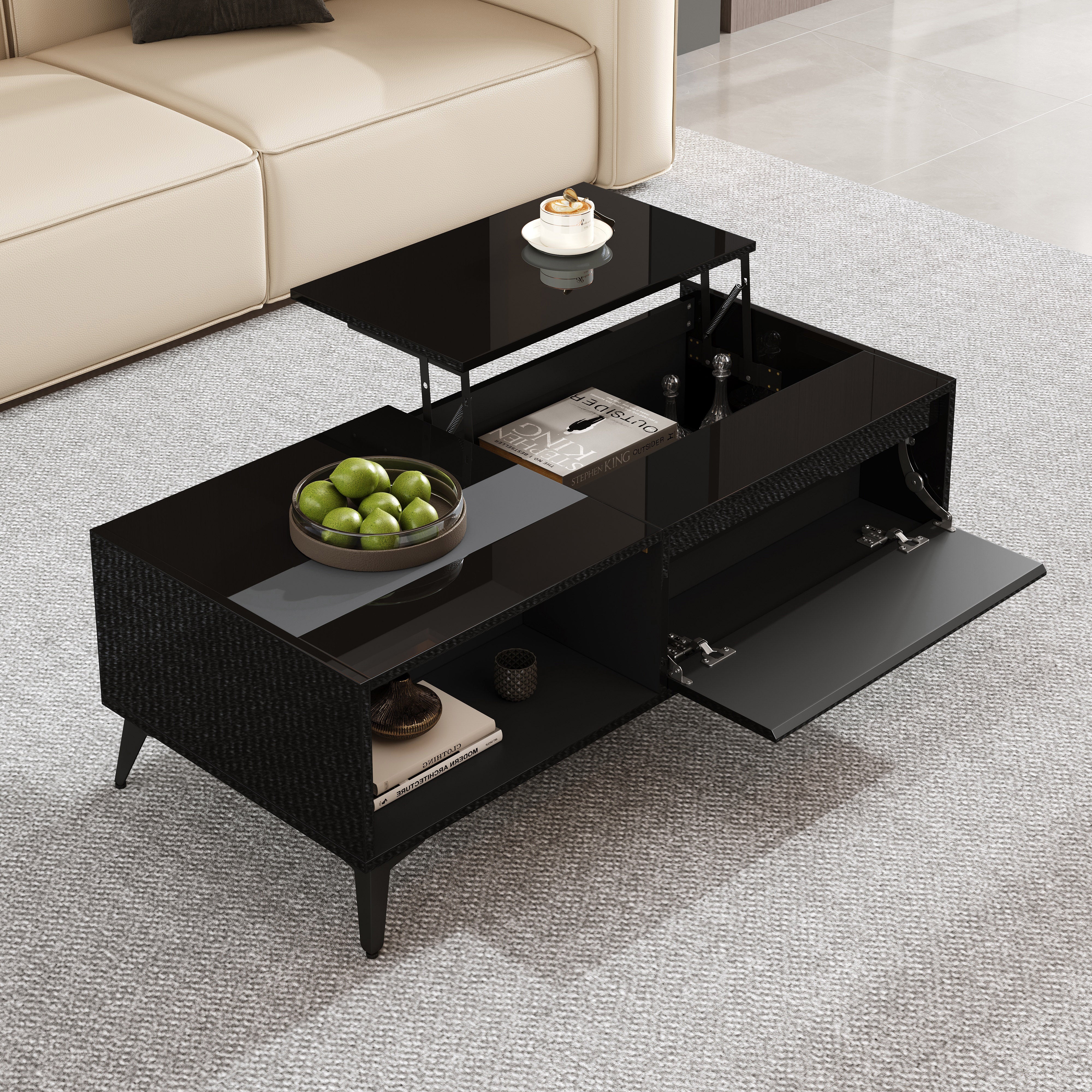 High-Gloss Coffee Table Height-Adjustable Folding Dining Table - Black