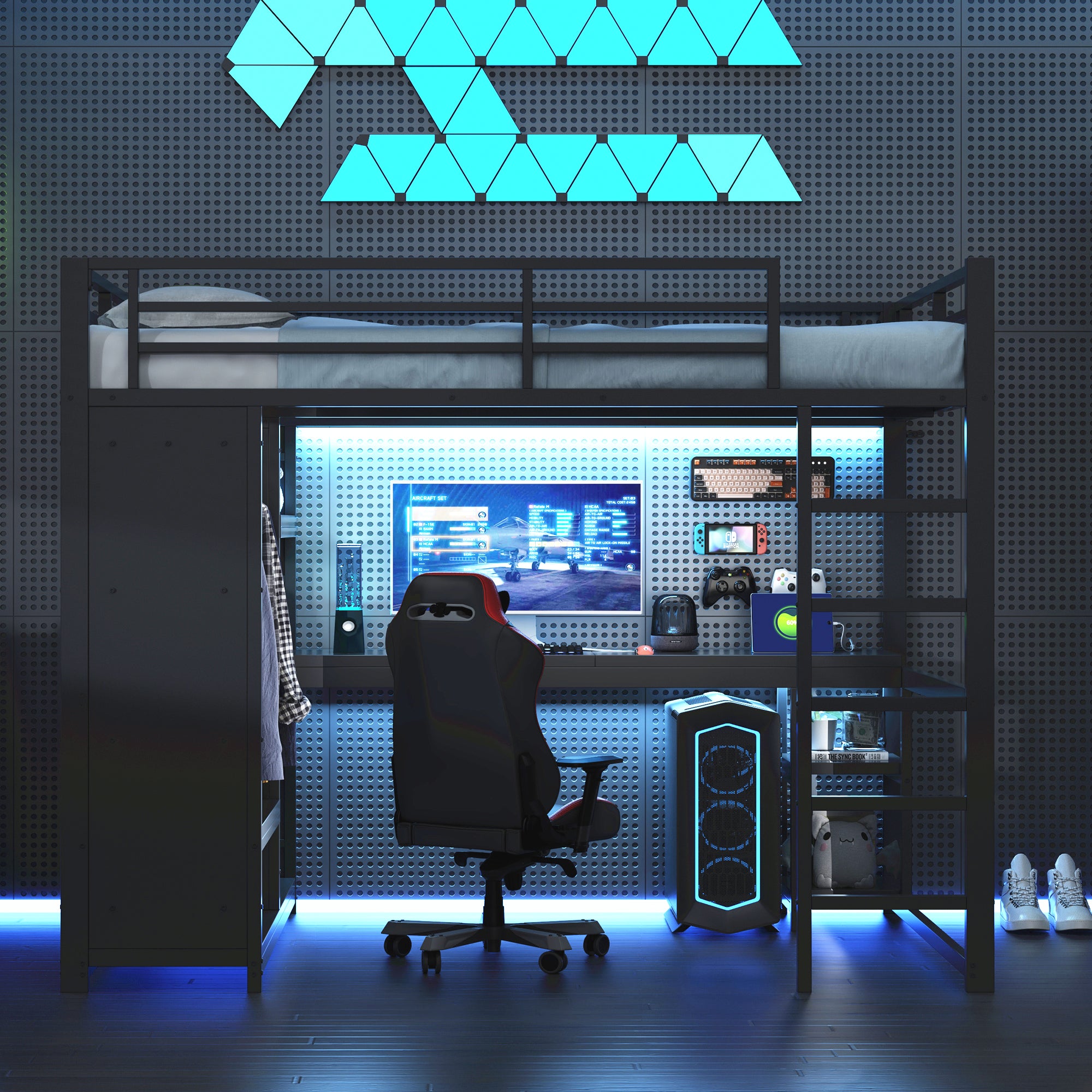 140x200 Gaming Loft Bed with LED, Desk & Storage, Metal Black