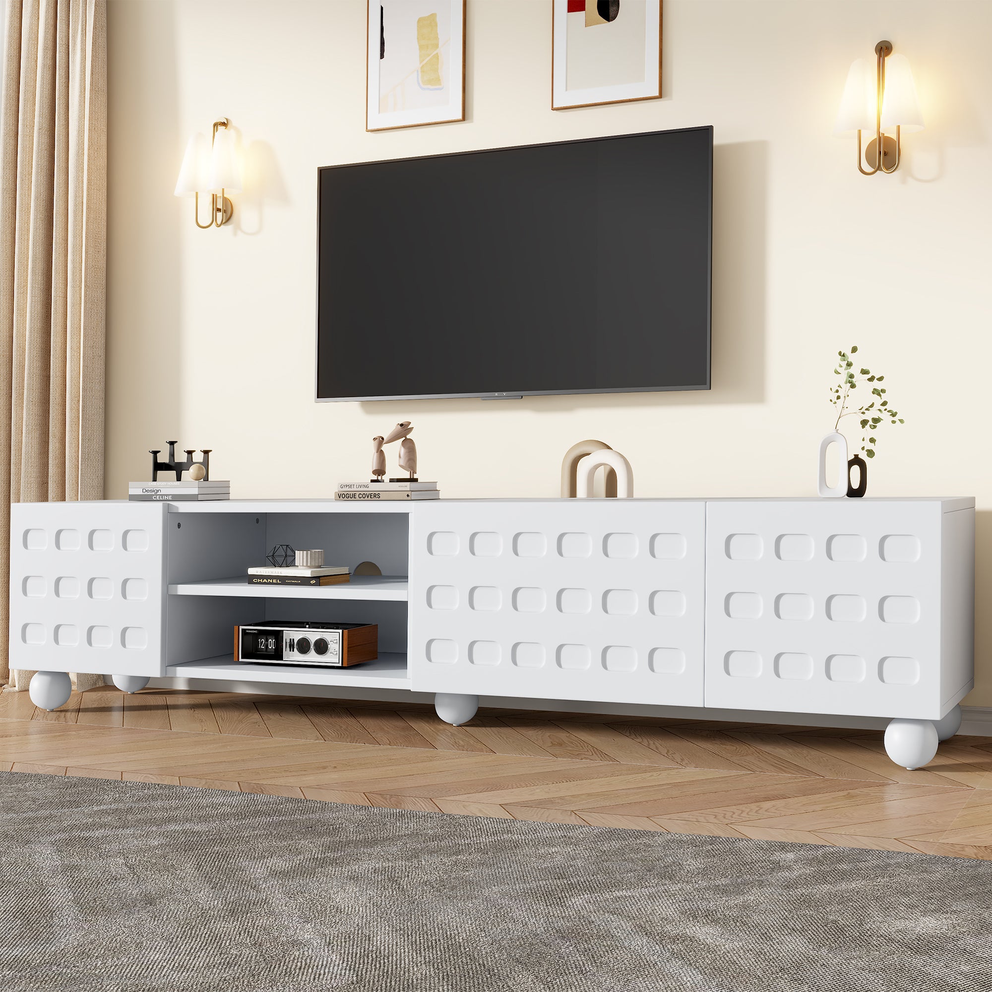 TV Cabinet 200x40x44cm, 3-Door, Printed Design, for up to 80-inch TVs, White