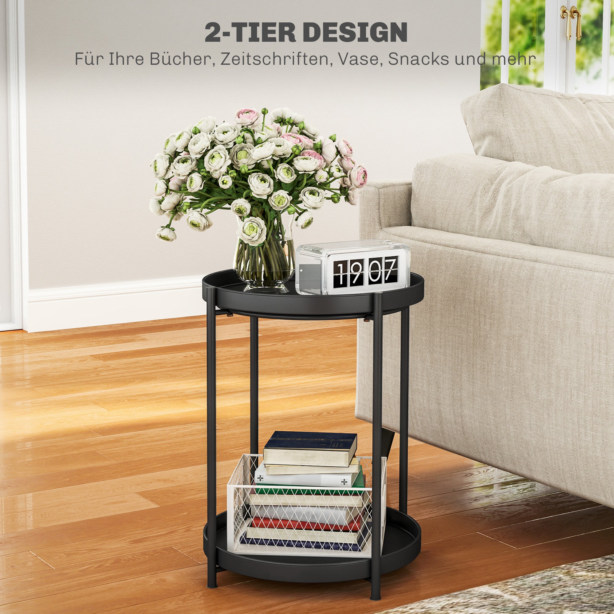 Side Table, 2 Shelves Round Coffee Table, Steel Black