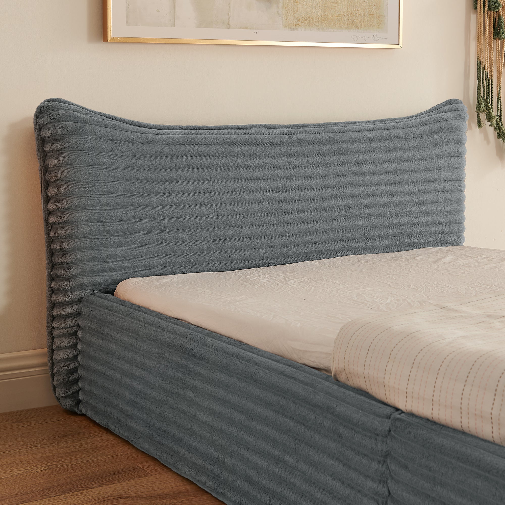 Single Bed 90x200cm Corduroy Cover Wood/Iron Frame - Dark Grey