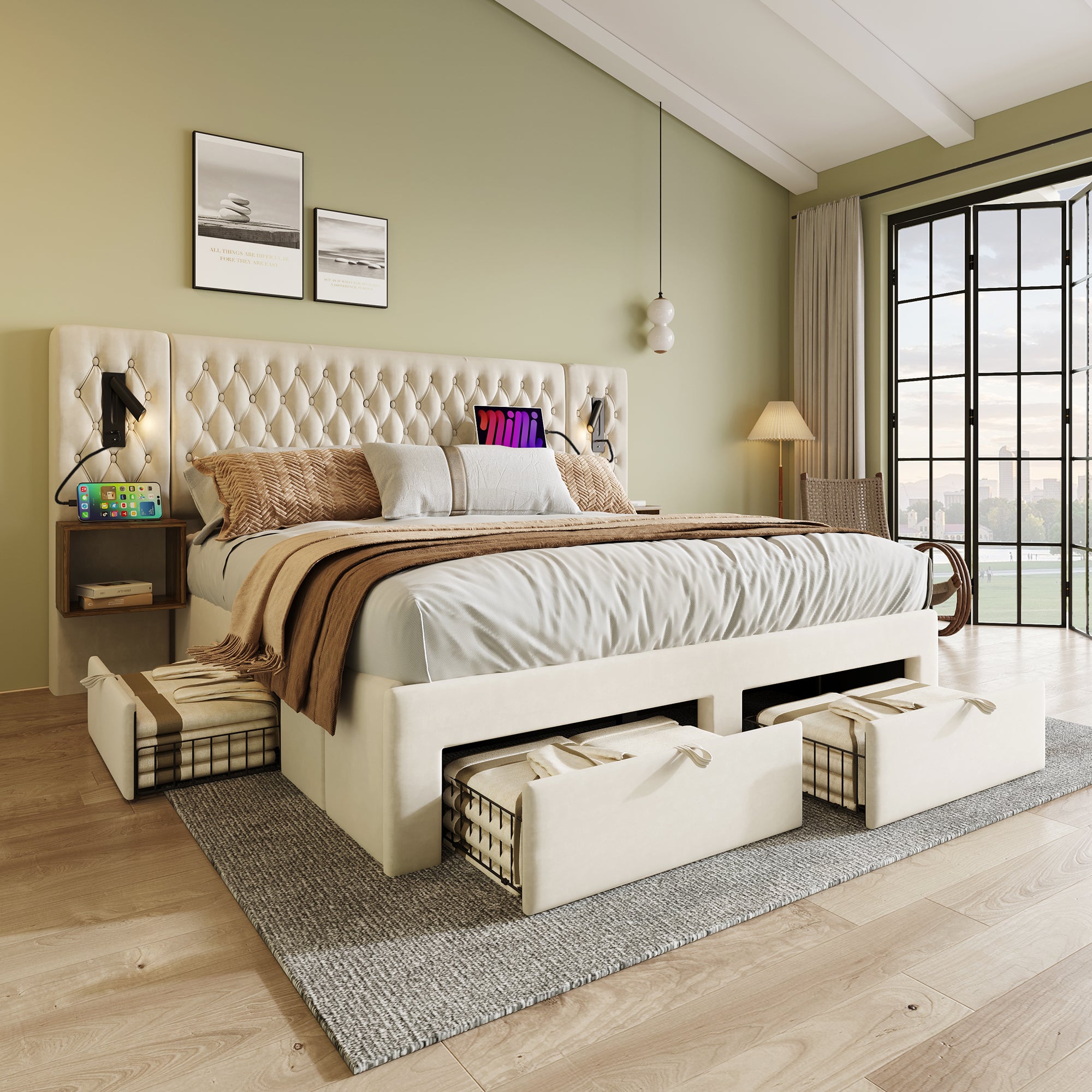 Bedroom Set, Upholstered Double Bed 160x200cm, 2 Nightstands, 4 Drawers, Headboard Reading Light with USB, Beige Velvet
