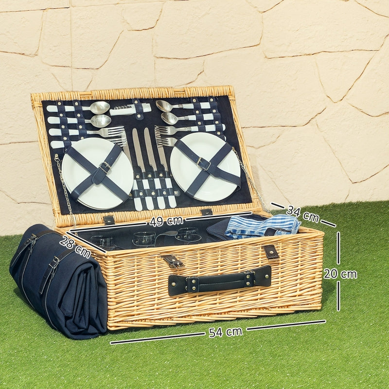 Picnic Basket with Insulated Cooler Compartment, Blanket, Cutlery Set, natural wood