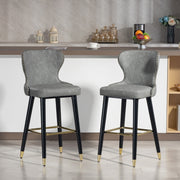 Bar Stools Set of 2 with Back, Footrest and Wood Legs for Kitchen Counter, PU Leather Grey