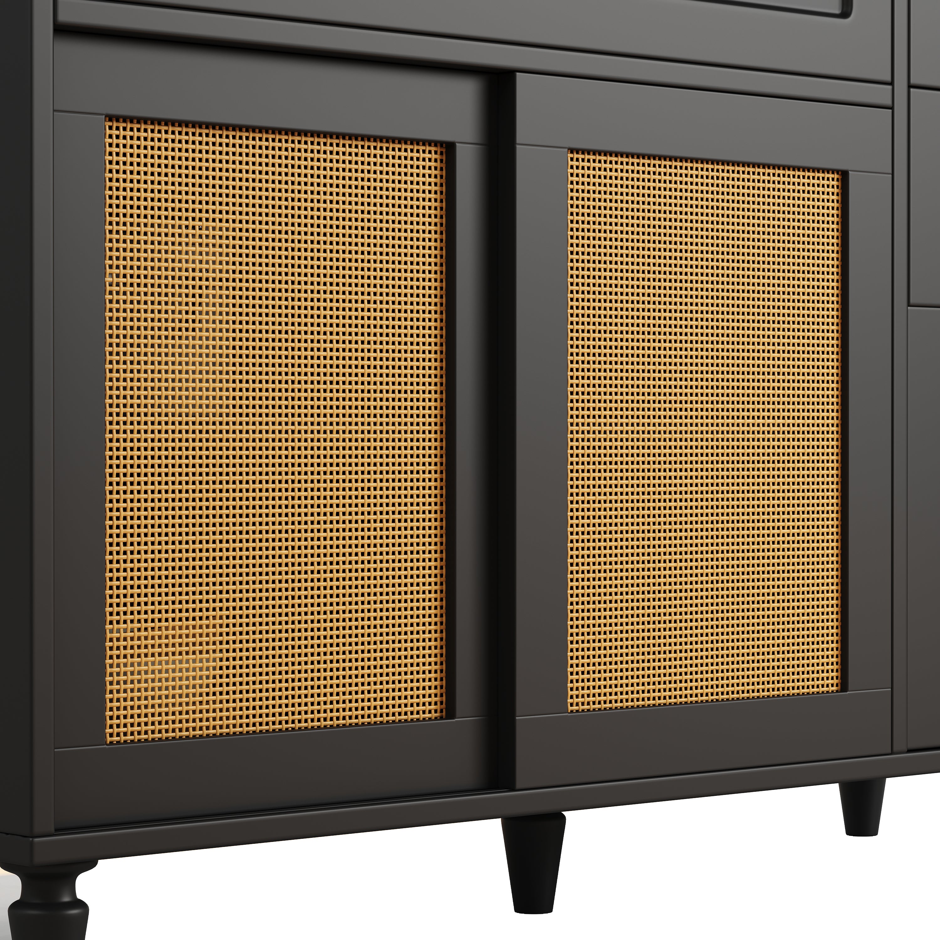 Tall Cabinet Buffet Display LED Rattan 3 Drawers - Black