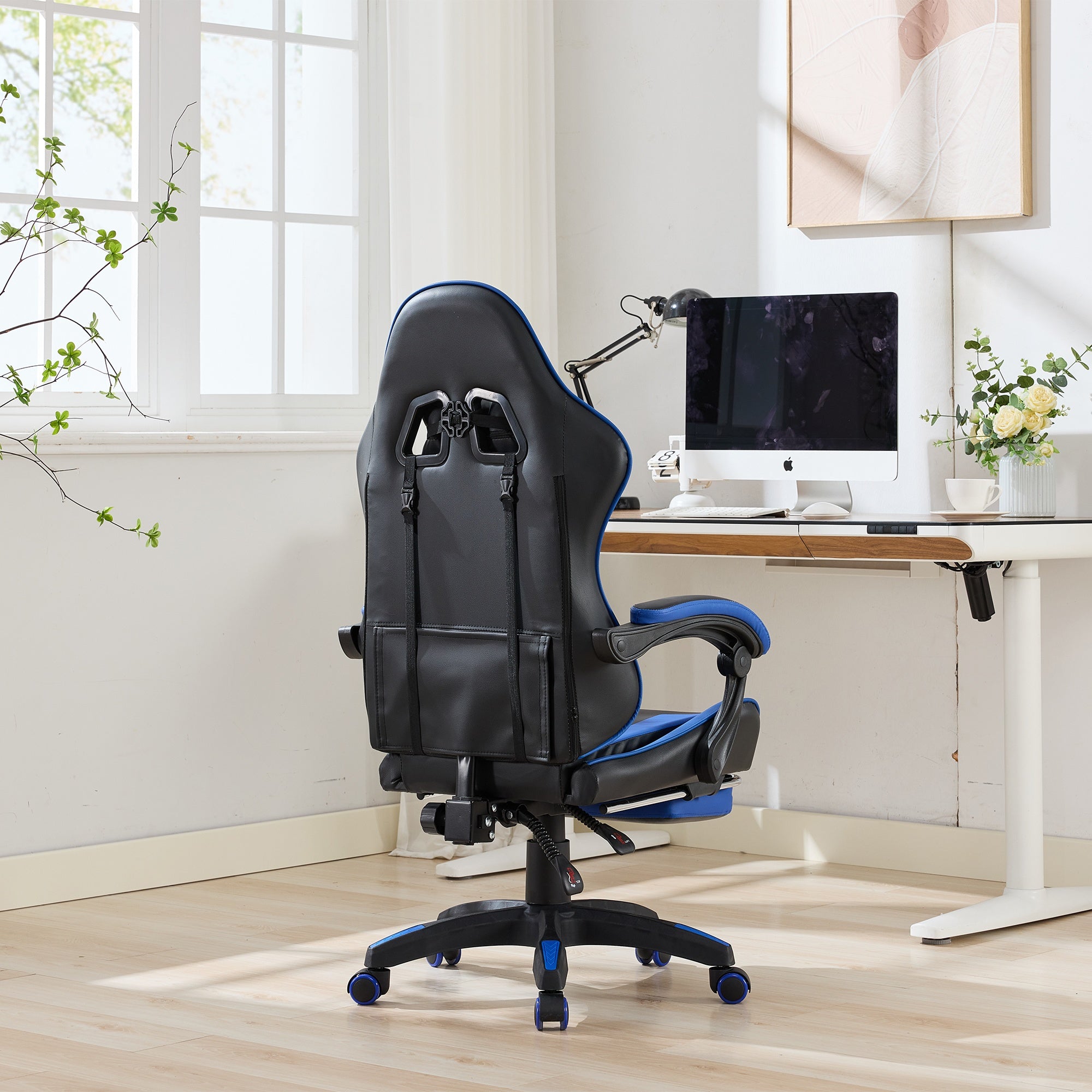 Gaming Chair Ergonomic Racing High-Back with Footrest Headrest Lumbar Support - Black & Blue Leather