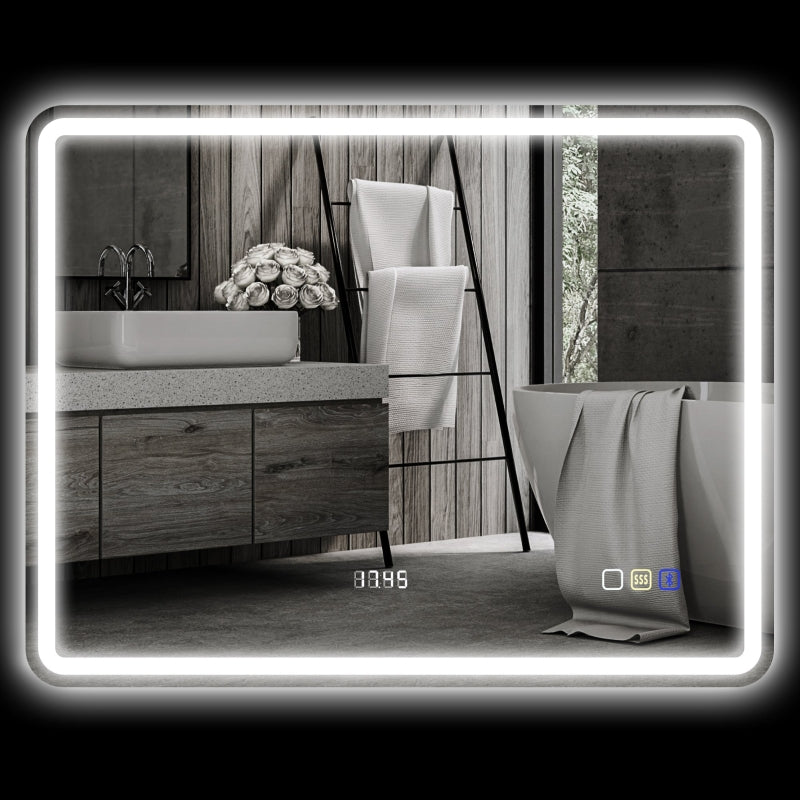 Bathroom Mirror 70x90cm LED Anti-Fog Clock Bluetooth, Silver