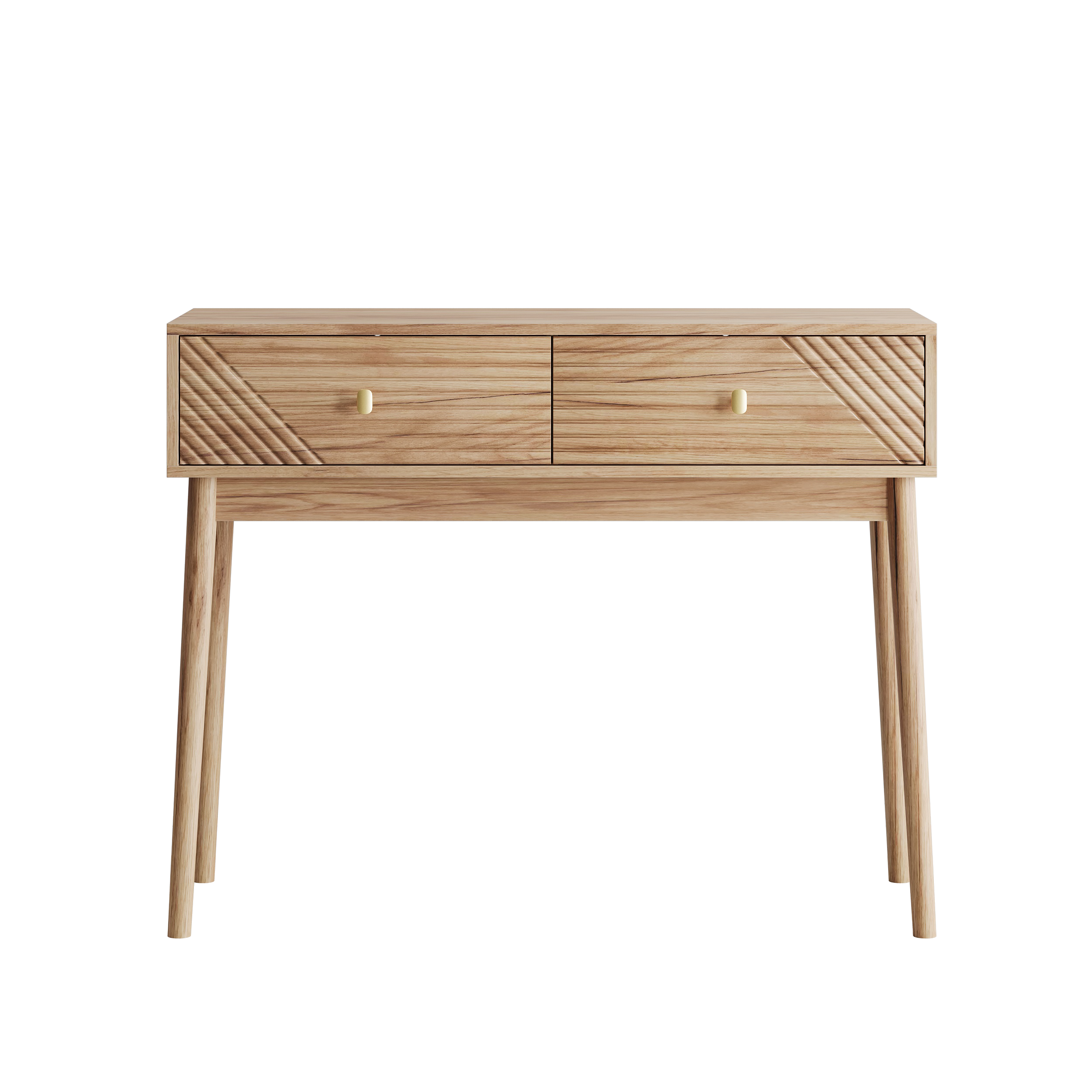 Mid-Century Modern Console Table with Drawers and Open Shelves, Oak Color