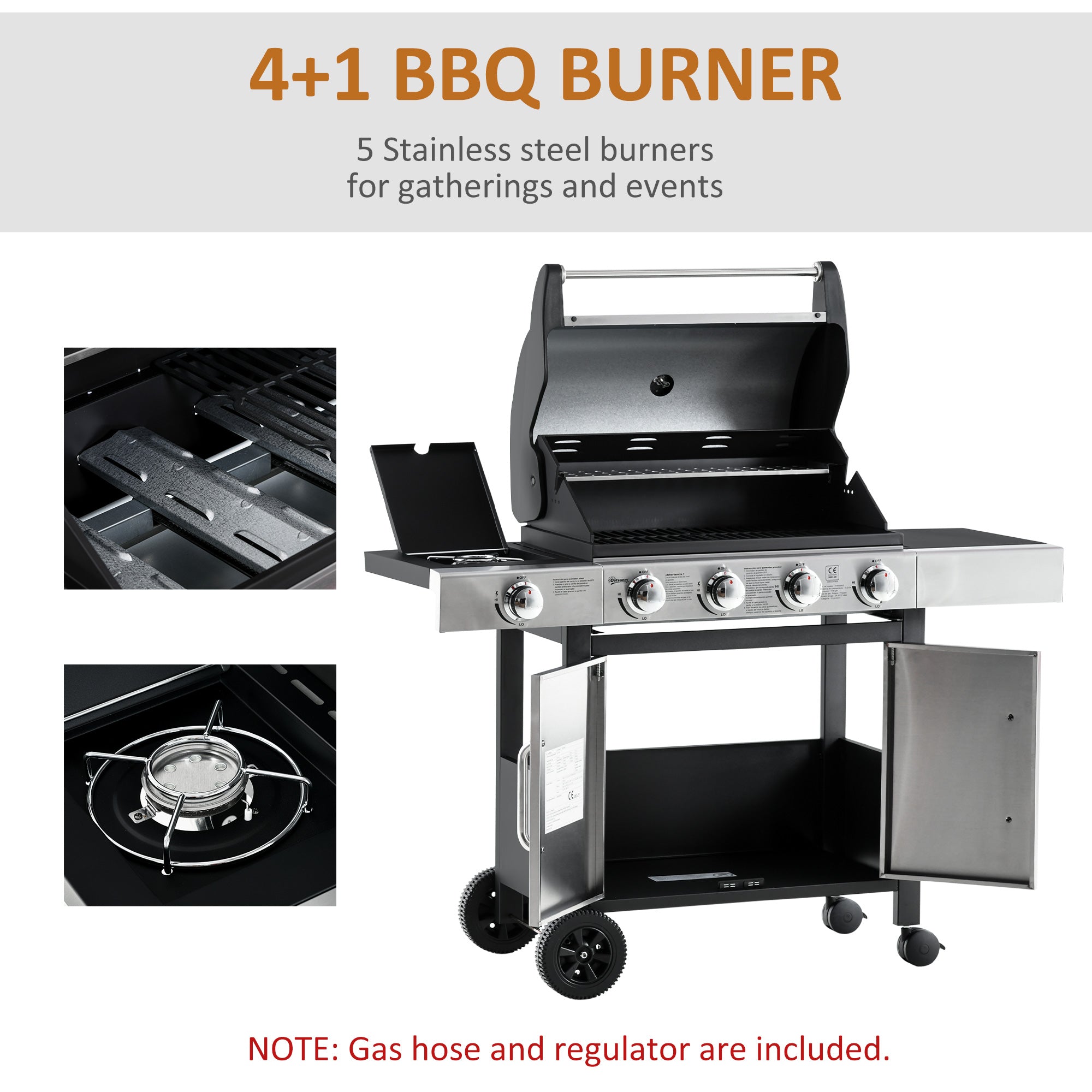 Gas Barbecue Grill 4+1 Burner Smoker BBQ Trolley Stainless Steel + Metal