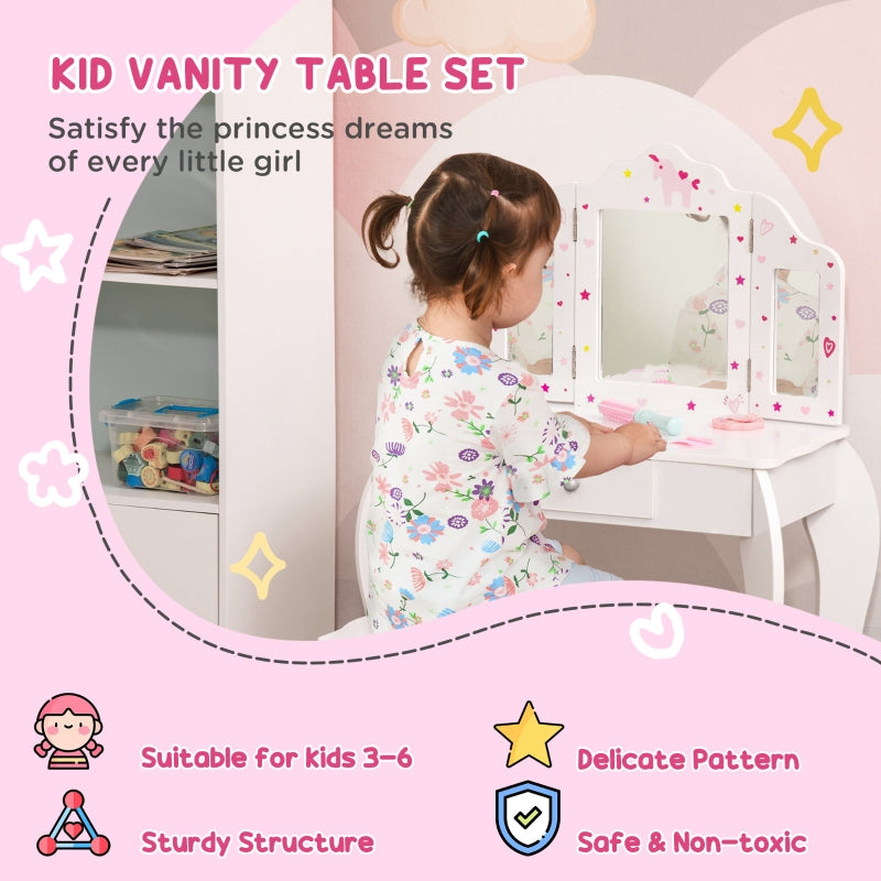 Kids Vanity Table and Chair Set, Tri-Folding Mirror Stool Drawer, White