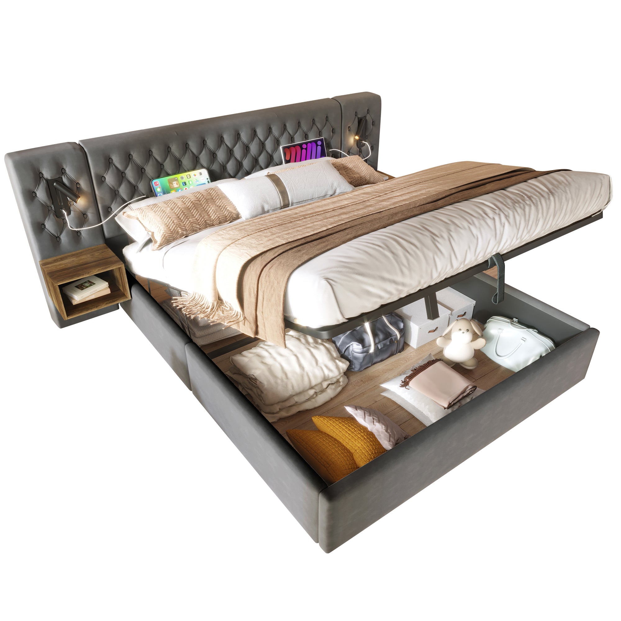 Bedroom Set, Upholstered Hydraulic Storage Double Bed 160x200cm with 2 Bedside Tables, Headboard Reading Light & USB, Gray Velvet