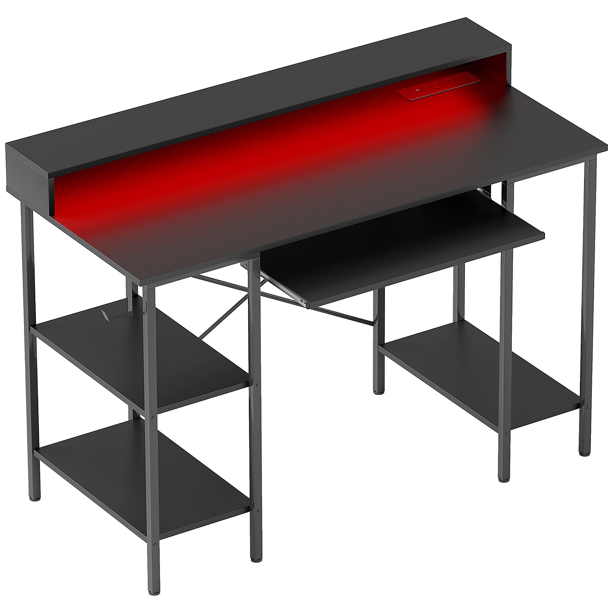 Computer Desk with LED Lights, Power Outlets, Monitor Stand, and Storage Shelves, Black