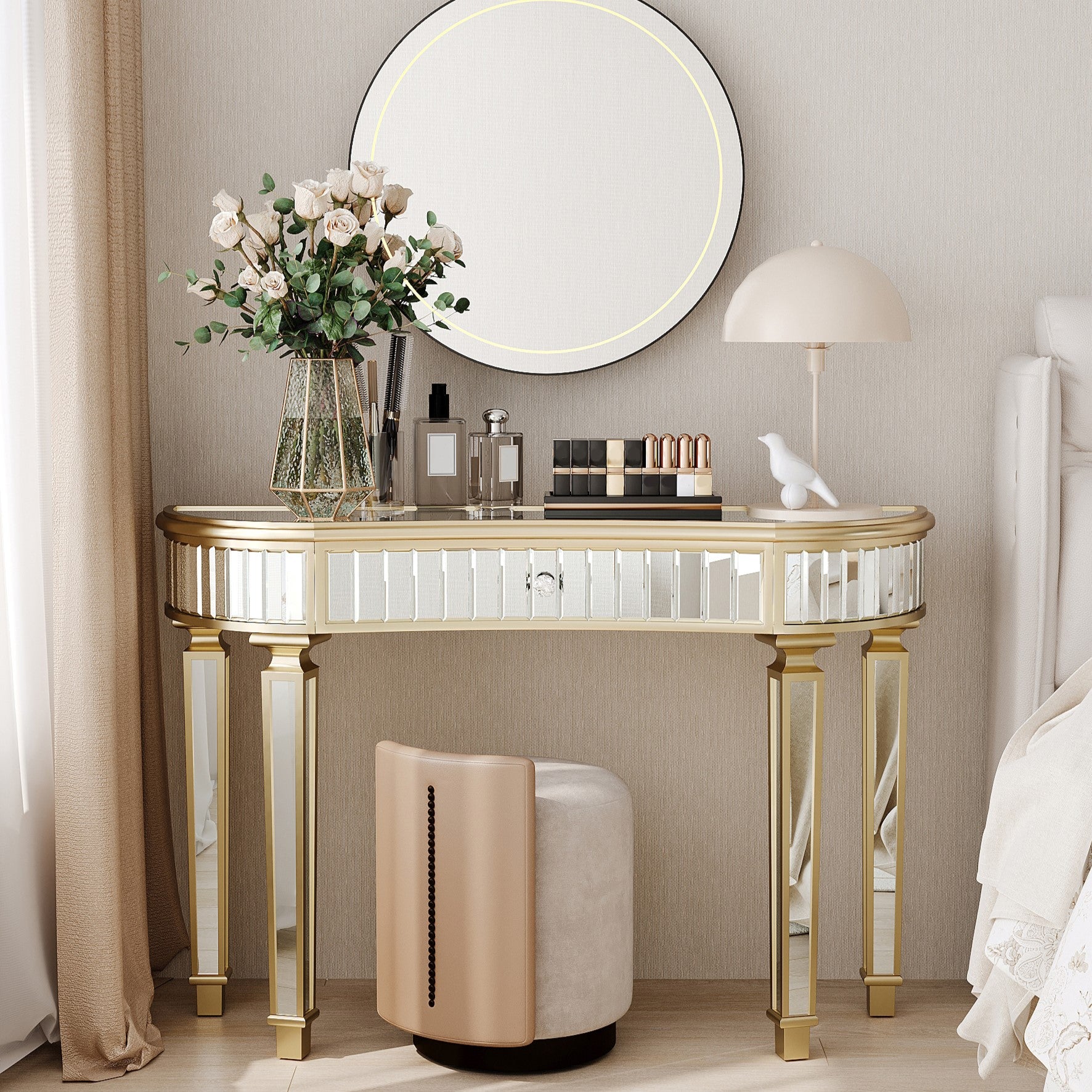120CM Half-Moon Console Table, Fluted Glass & Crystal Knob Drawer, Mirrored (Gold+Sliver)