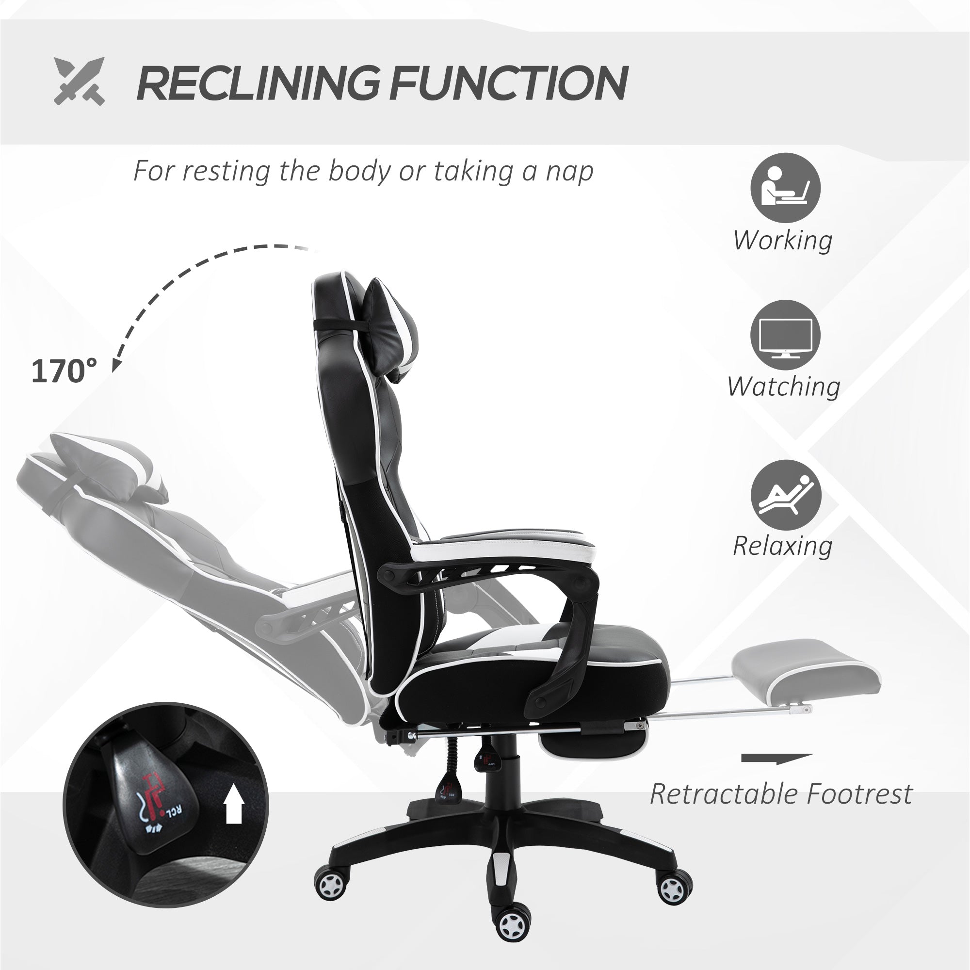 Computer Gaming Chair with Lumbar Support, Footrest, and Headrest, White PU Leather