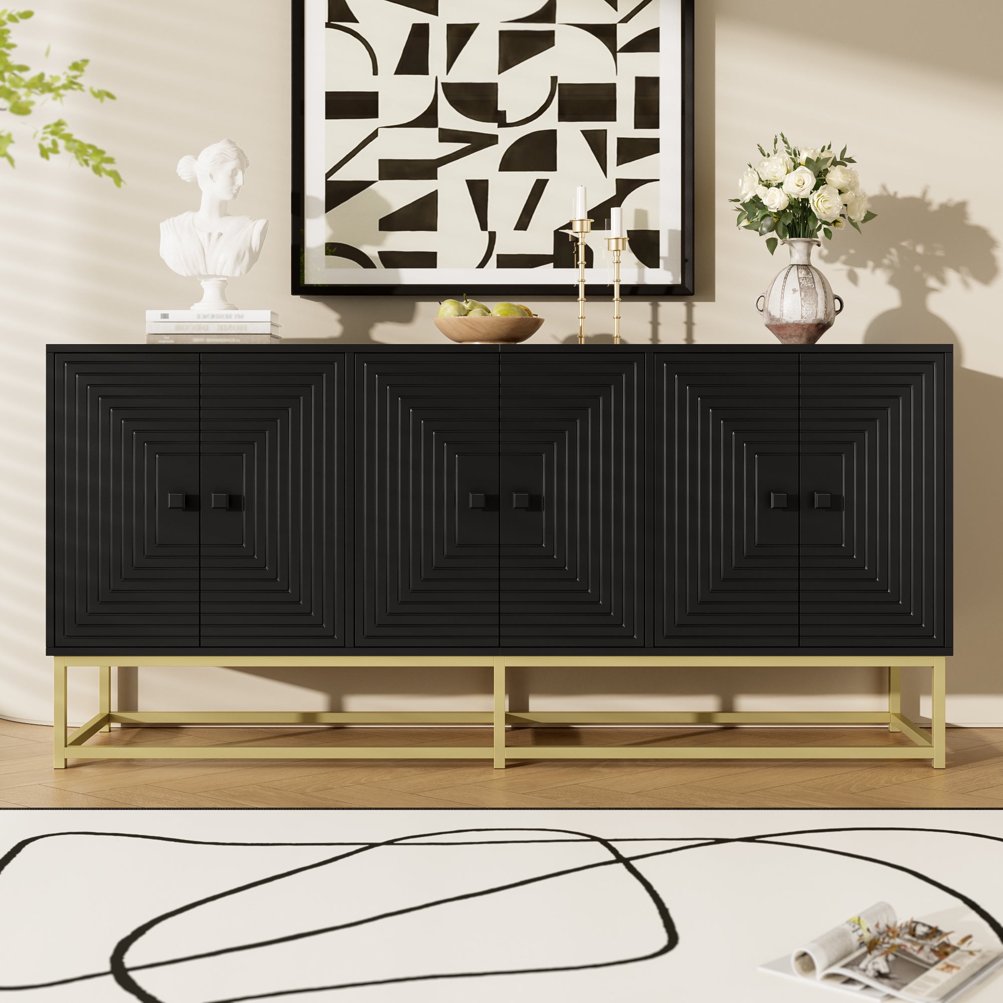 Storage Cabinet Sideboard with 3 Double Doors, Large Storage, Matte Black