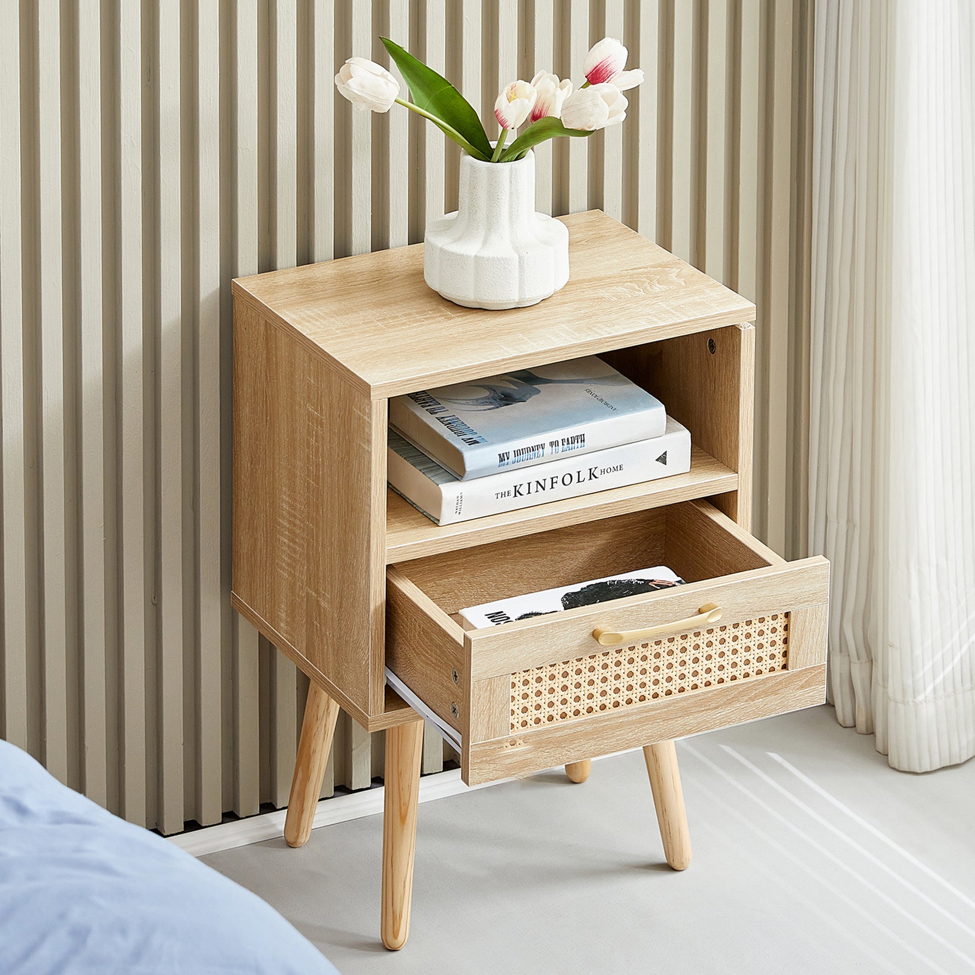 Rattan Side Table Drawer Solid Wood Legs Modern Bedside Natural Wood Look