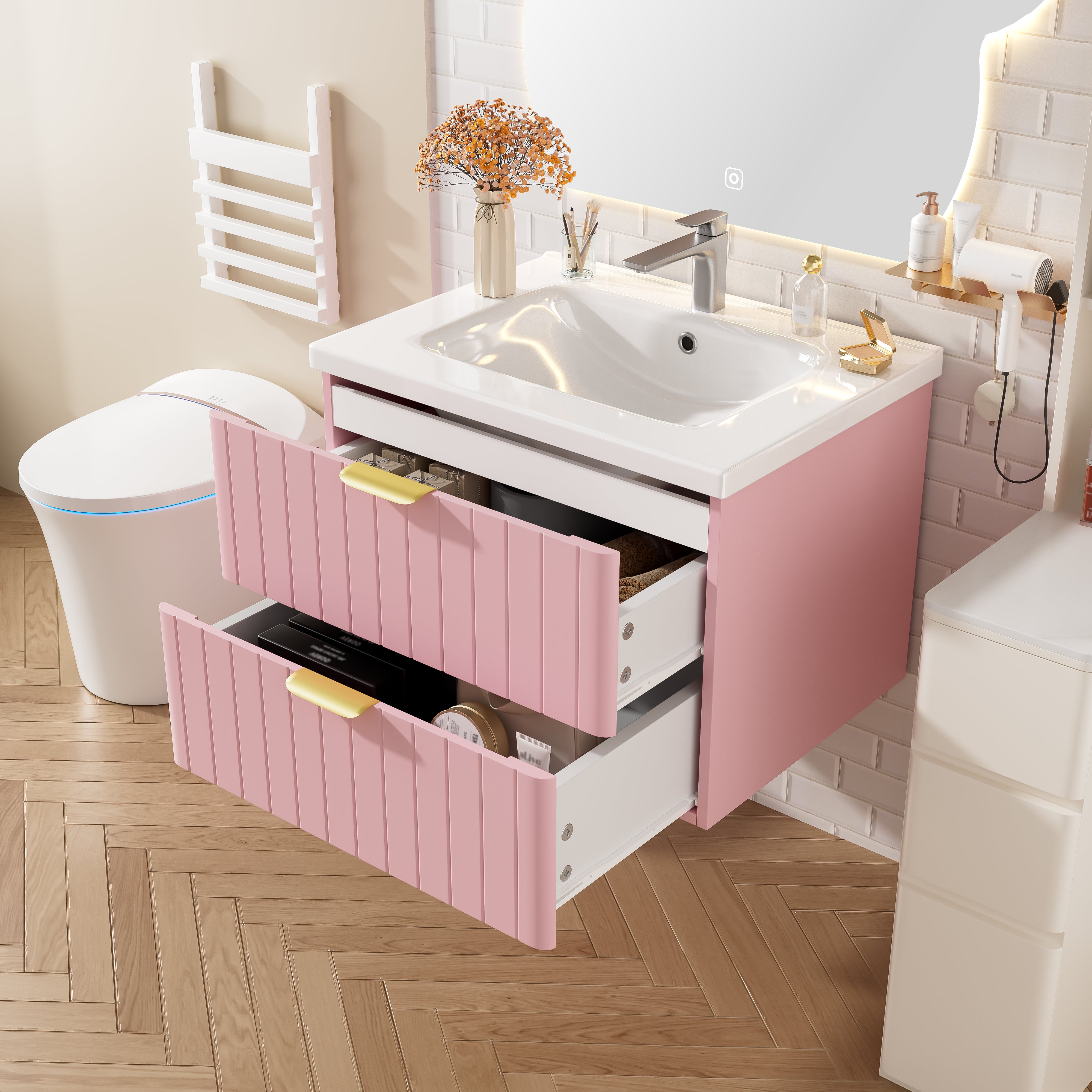 Wall-Hung Vanity Unit with Ceramic Sink and Double Storage, Pink
