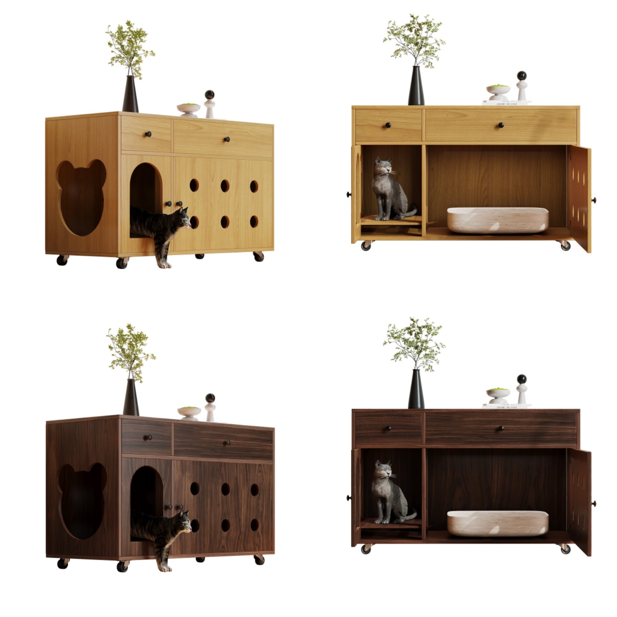 Cat Litter Box Cabinet Mobile Odor-Insulated Removable Sand Drain 100x45x66 cm - Walnut Color