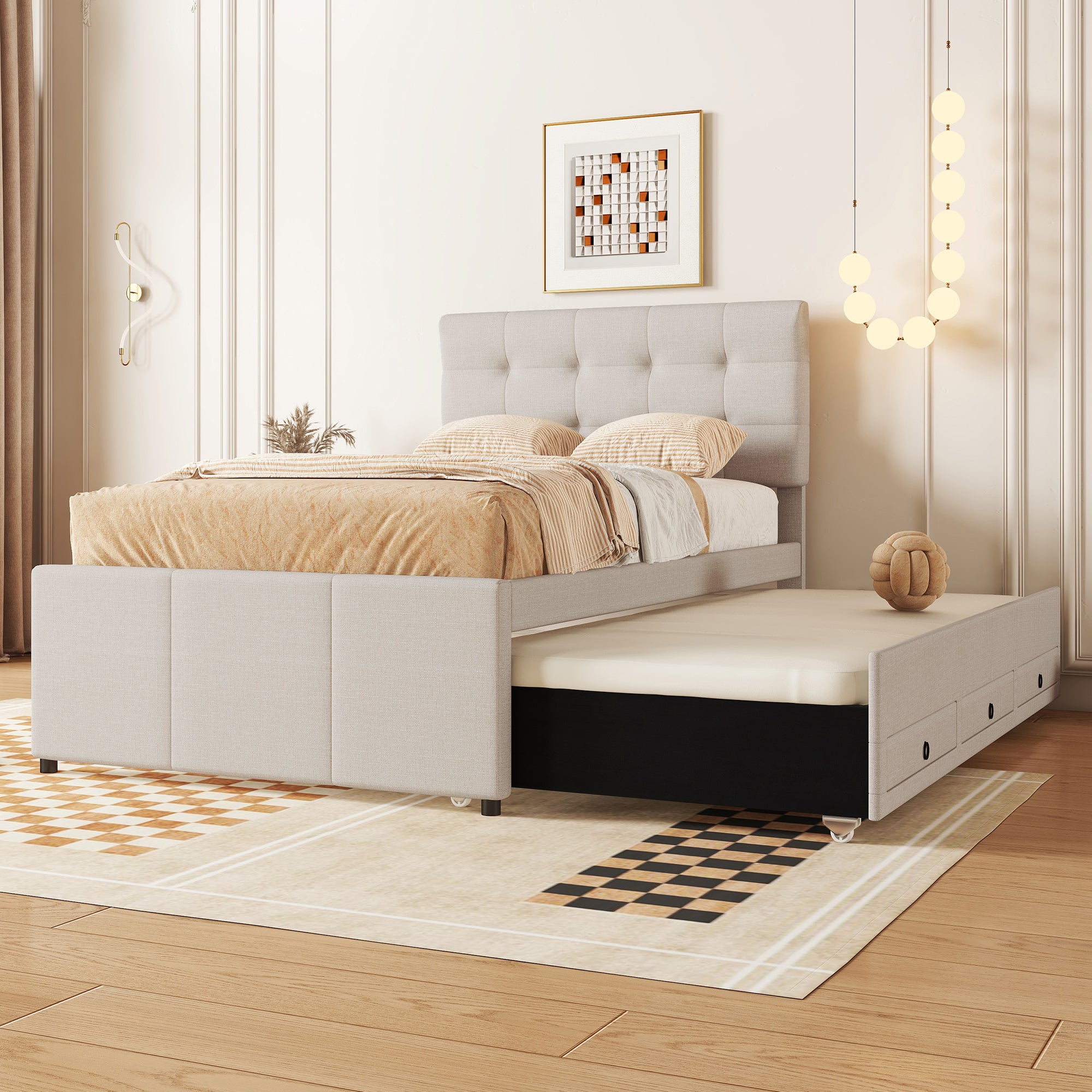 Upholstered Bed 90x200cm with 3 Drawers, Pull-out Trundle Bed, Adjustable Headboard, Beige