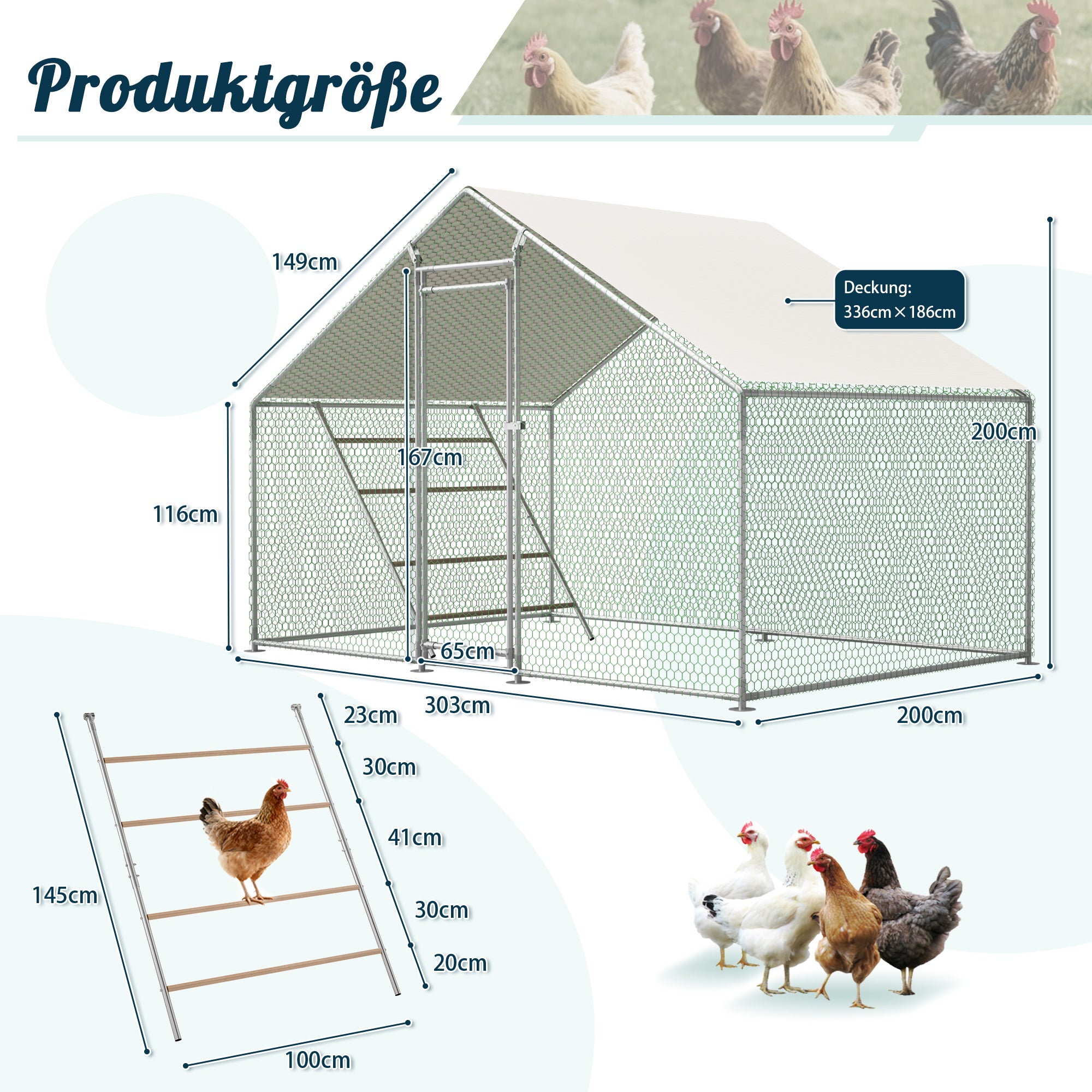 Chicken Coop 3x2m with Ladder, Safety Lock & UV Cover, Galvanized Steel/PE Roof