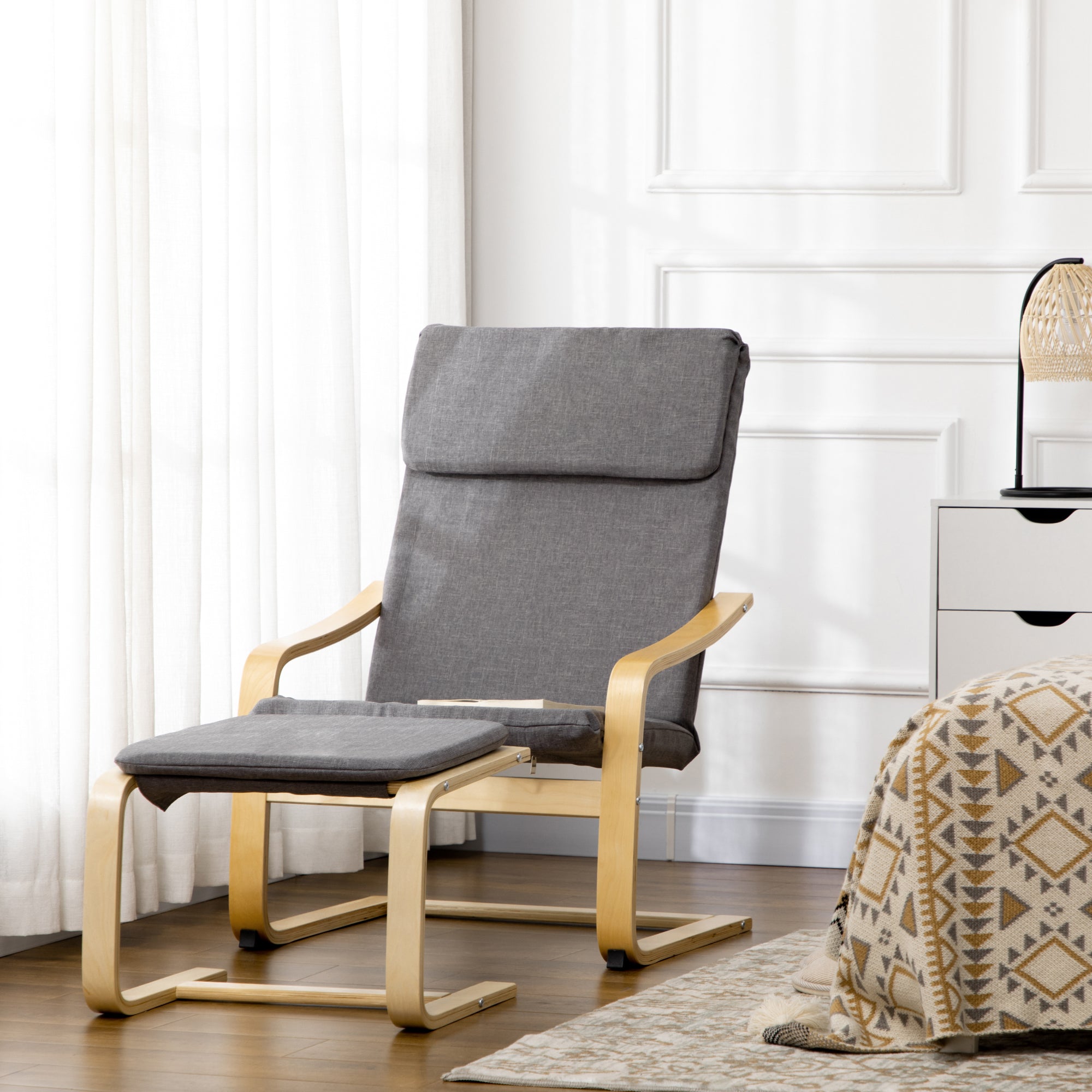 Relaxing Armchair with Footstool, Wing Chair, Grey Linen
