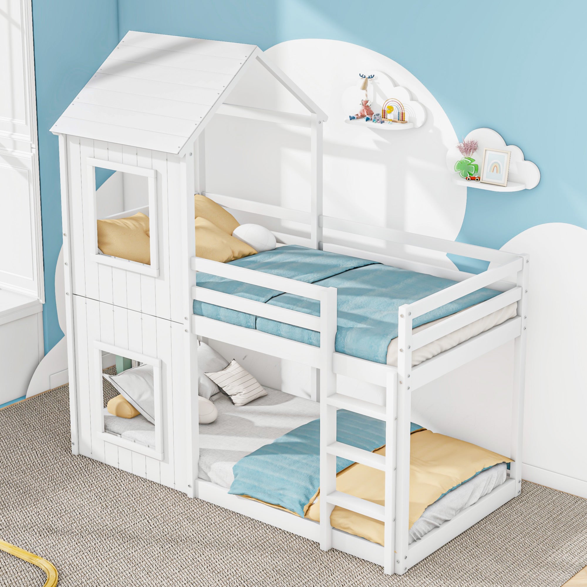 Bunk Bed Children's House Bed 90*200cm with Ladder & Canopy, Solid Wood White