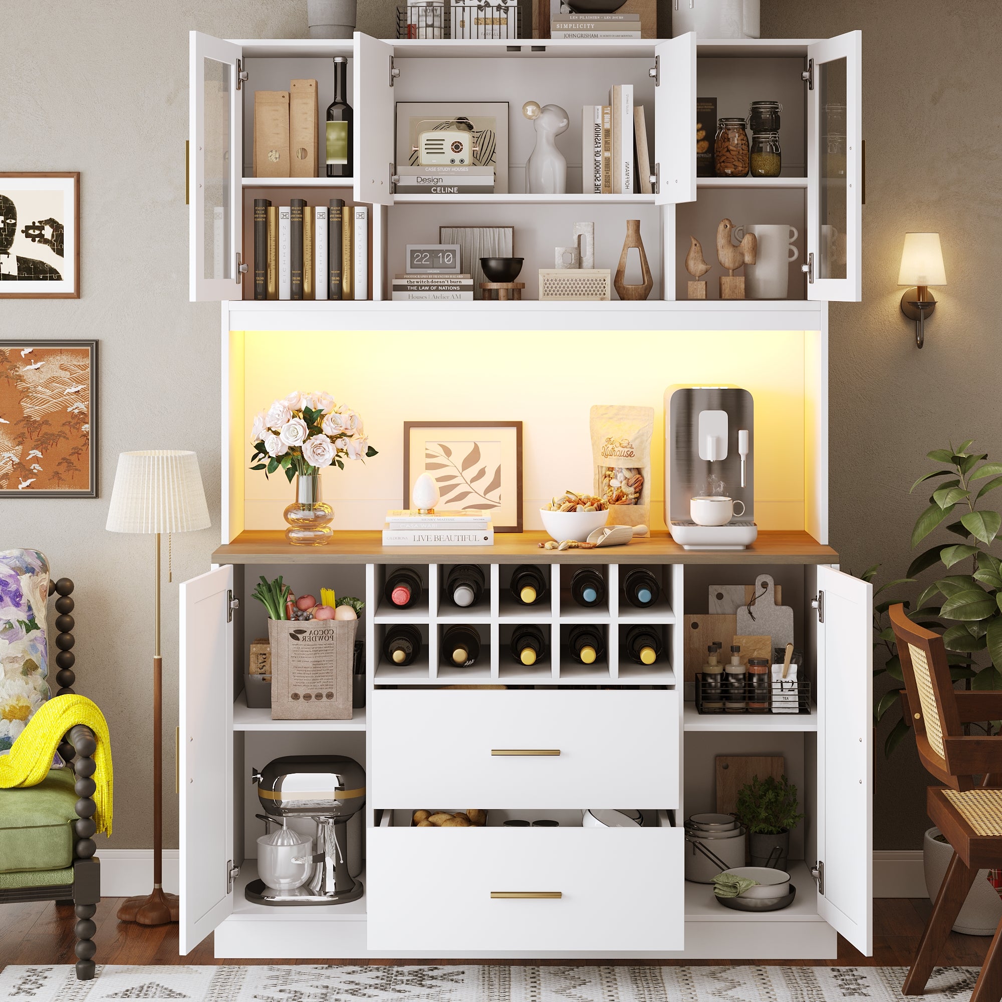 Sideboard Kitchen Cabinet with LED Lighting and Socket, Black and White