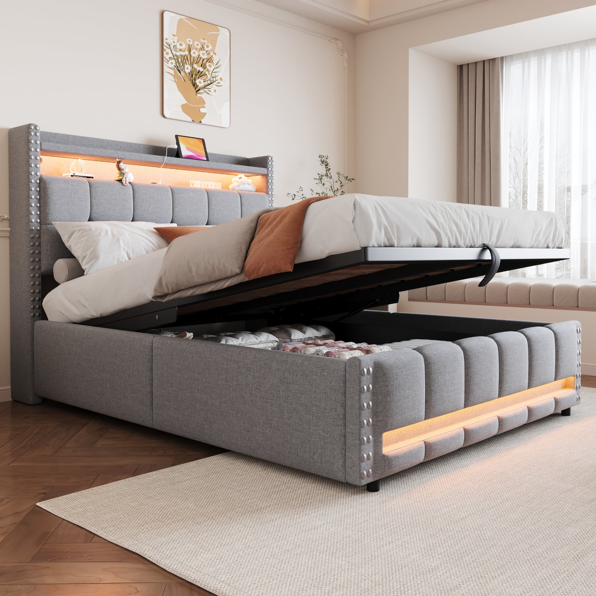 Upholstered Bed 140x200cm, LED & USB, Hydraulic Storage, Light Grey Linen