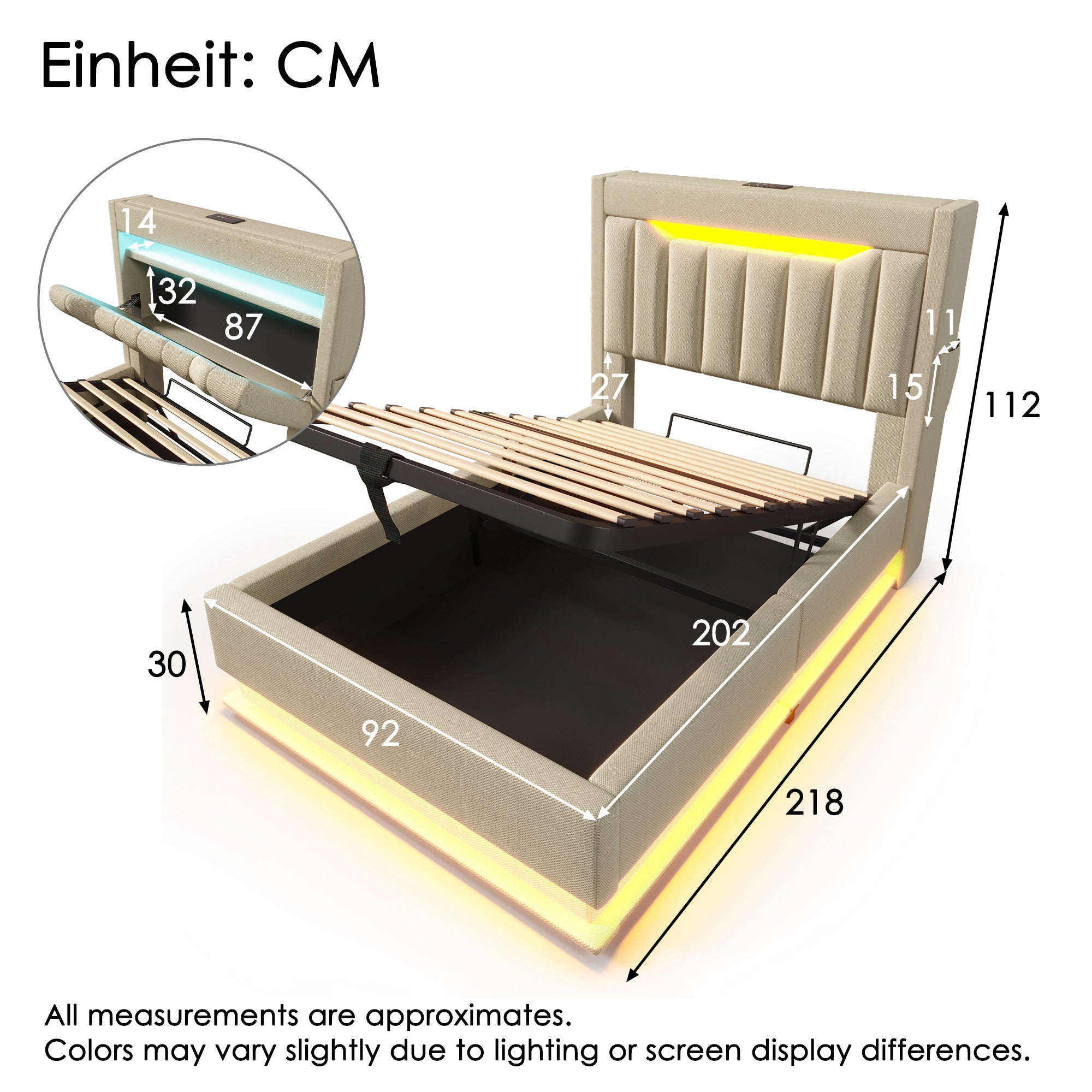 Upholstered Single Bed 90x200cm, Hydraulic Storage LED/USB Headboard, Beige Linen