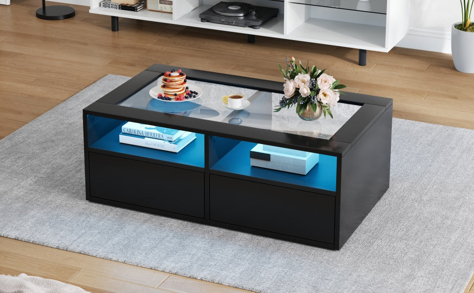 Coffee Table 100x50x35cm LED Light 2 Drawers Glass Storage Black