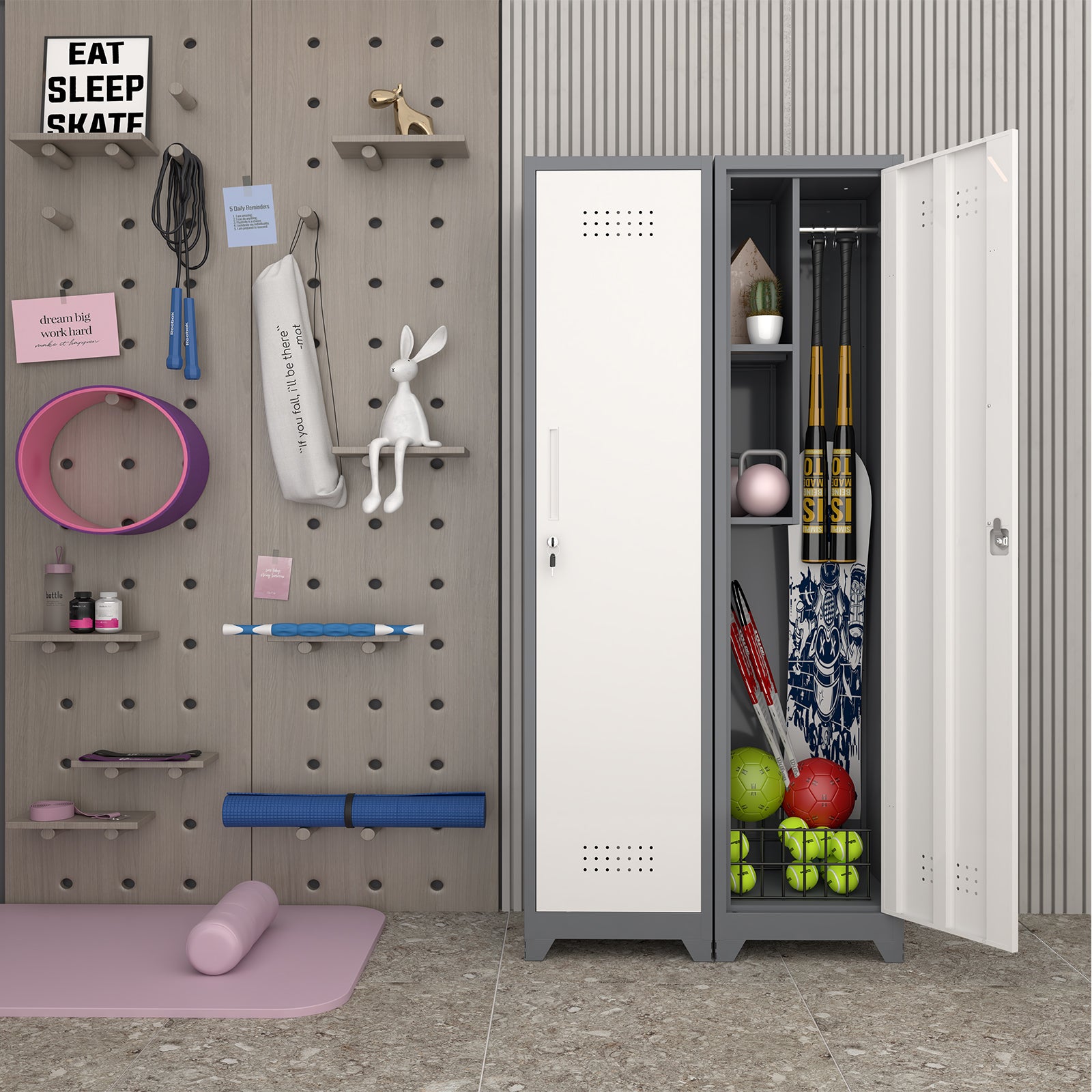 Slim Broom Storage Cabinet with Shelves, Hanging Rod & Locking Door - Metal
