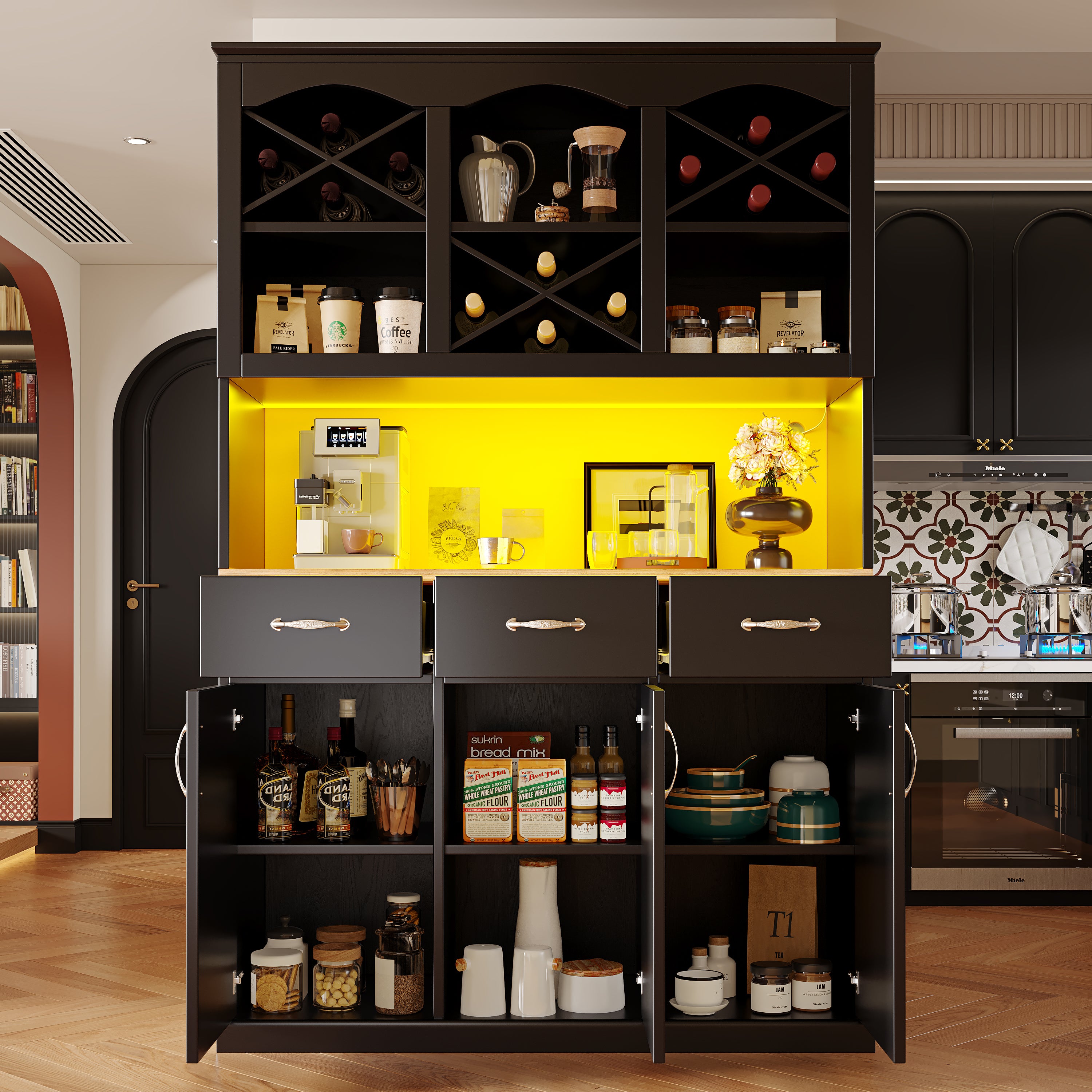 Kitchen Cabinet Tall Buffet 120cm 3 Doors 3 Drawers LED Black