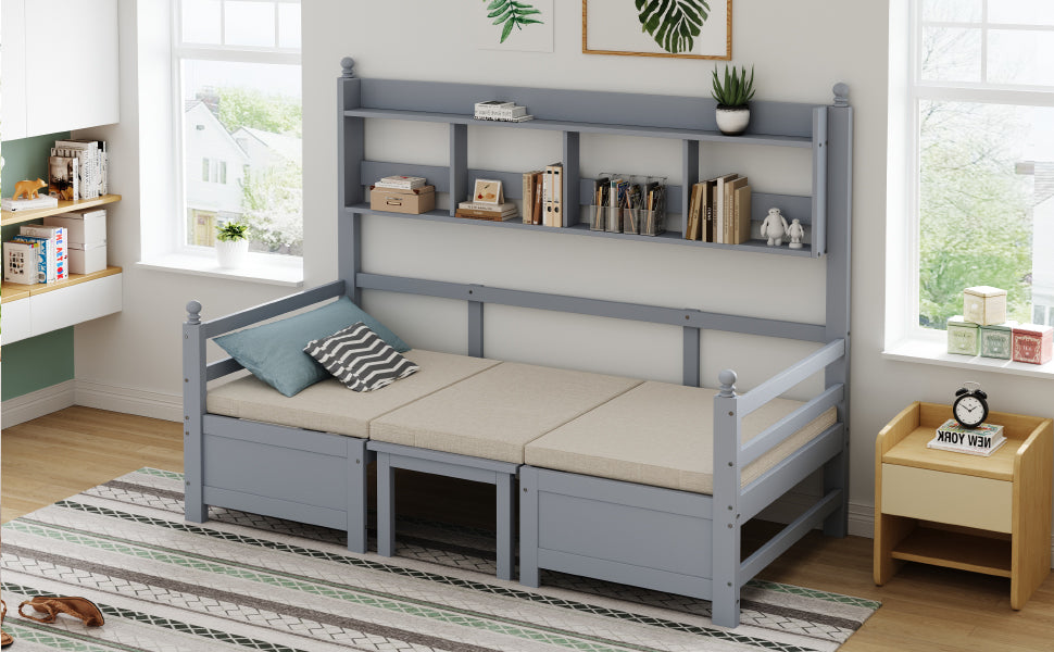 Sofa Bed, Multifunctional 2-in-1 Bed & Desk with Bookshelf, Solid Wood Gray