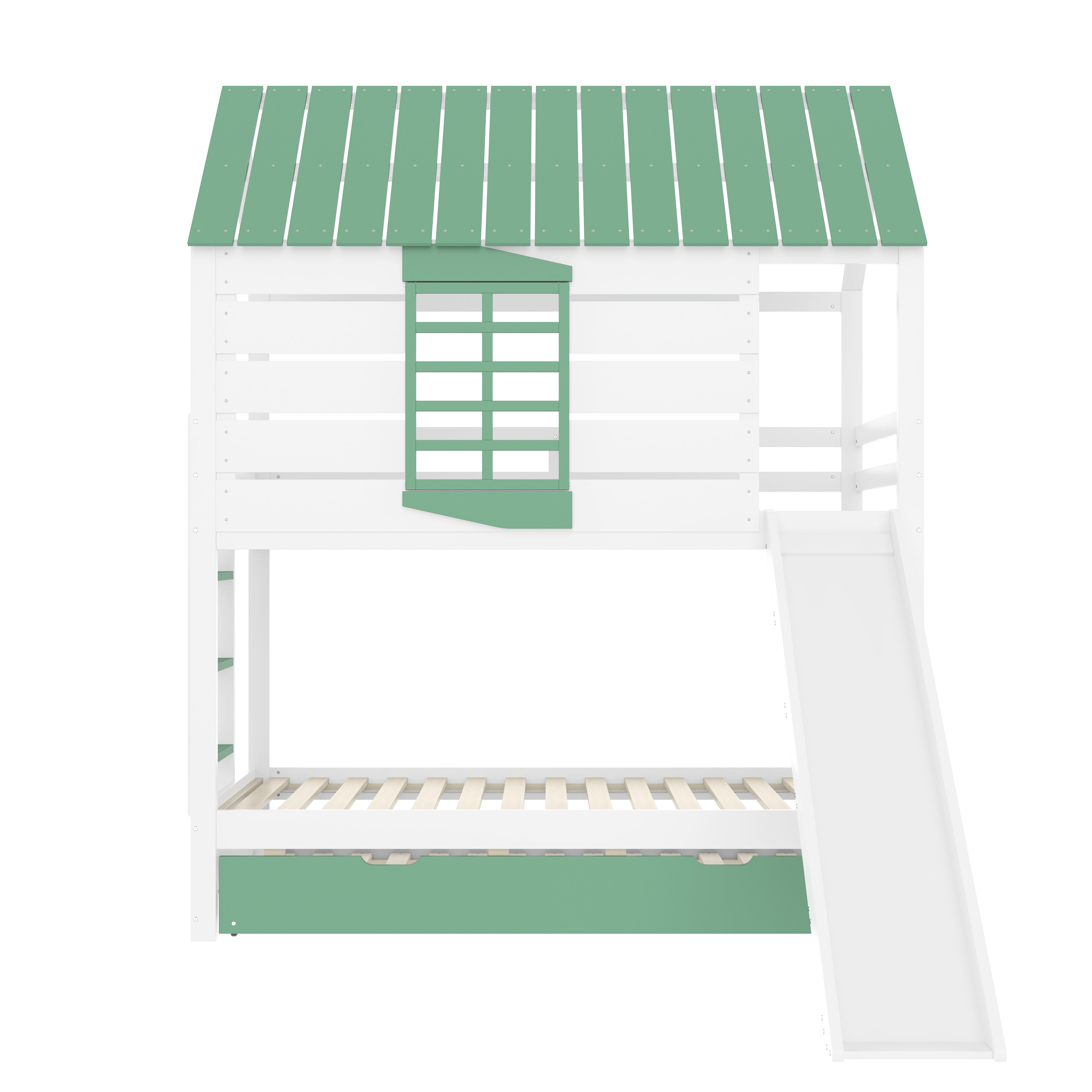 House Bunk Bed, 90X200 with Slide and Pull-Out Bed, White+Green