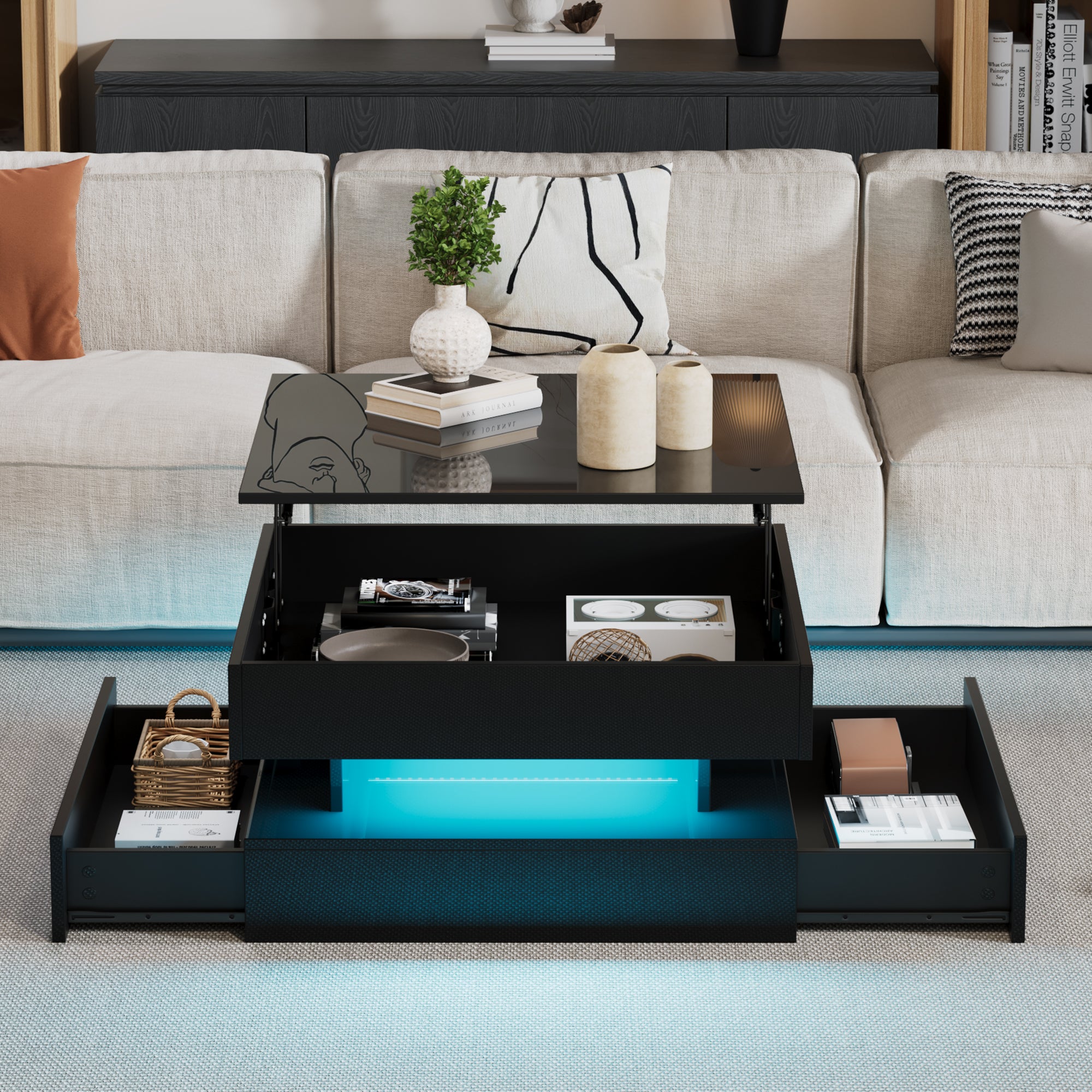 Liftable Coffee Table, 65 x 65 x 38.5 cm, High-Gloss with LED Light Strip, 2 Drawers, Black