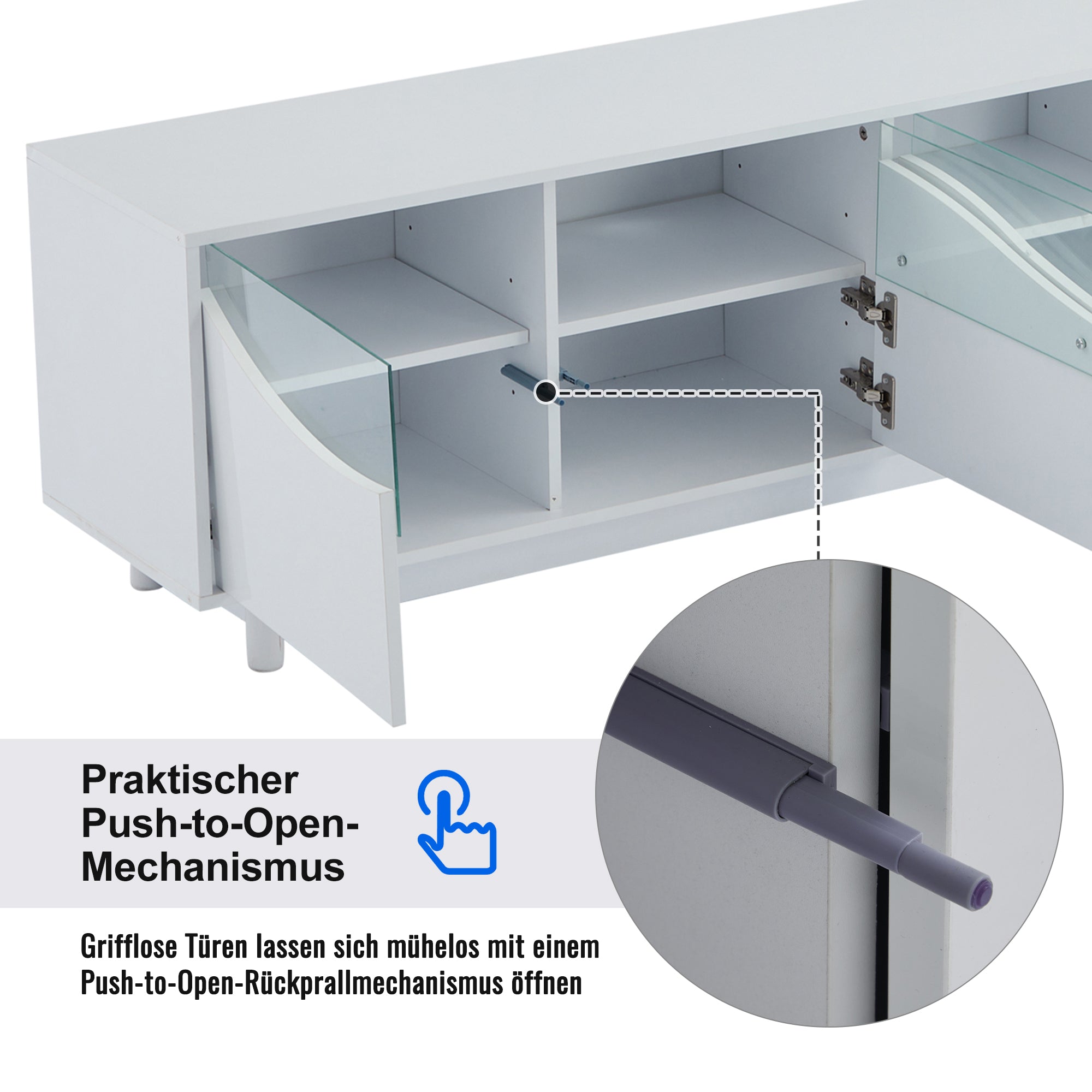 TV Cabinet, Curved High-Gloss with Tempered Glass Door & LED Lighting, White